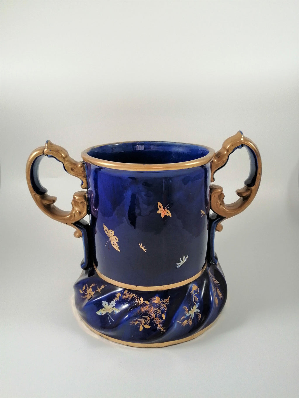 Rare Mason's Ironstone Wine Cooler: Gold Posies & Birds, Cobalt Blue, c. 1820