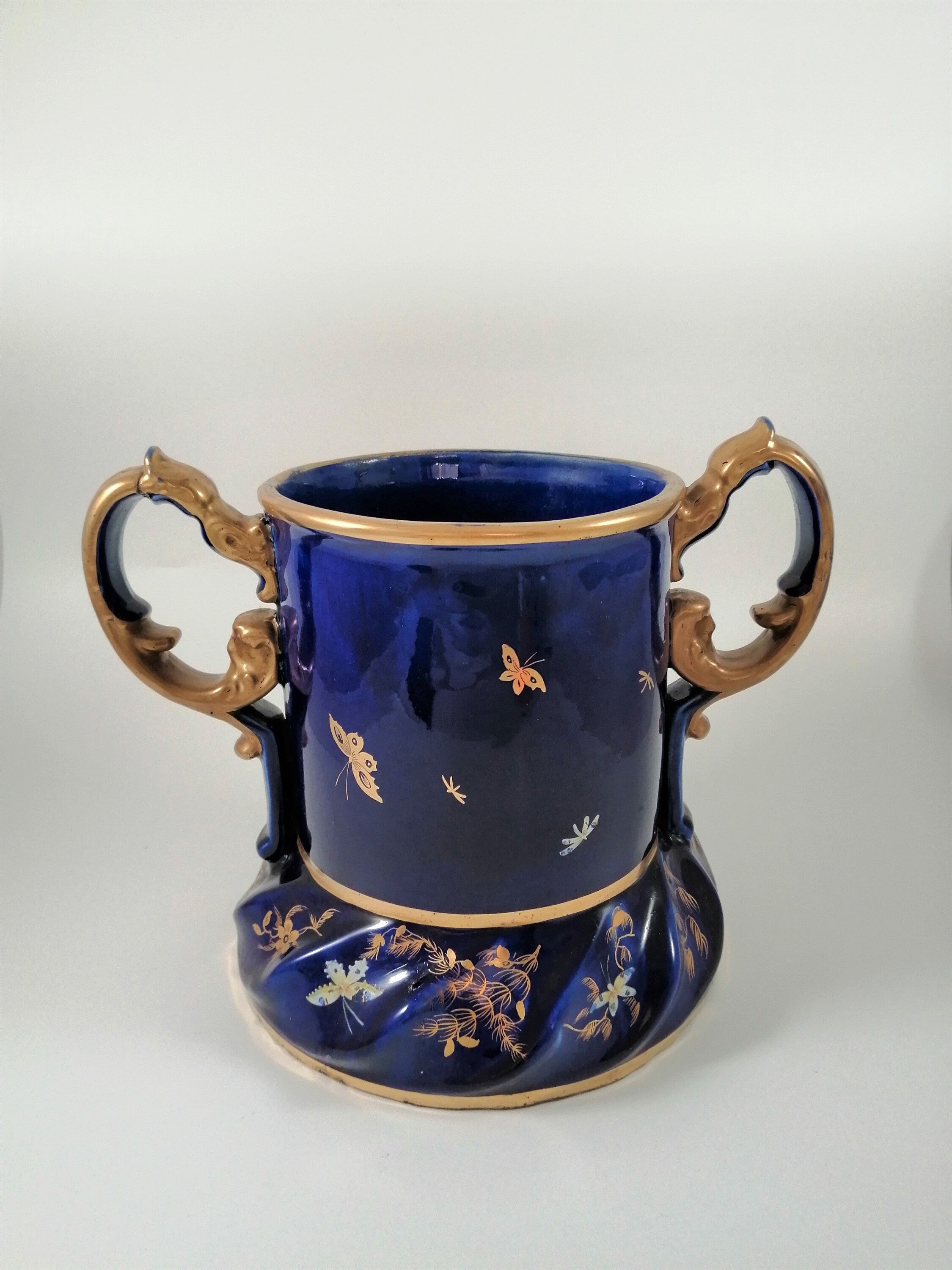Rare Mason's Ironstone Wine Cooler: Gold Posies & Birds, Cobalt Blue, c. 1820
