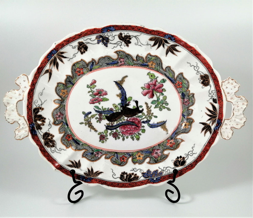 Antique Mason's Ironstone Serving Platter: Hand-Painted Chinoiserie Geese