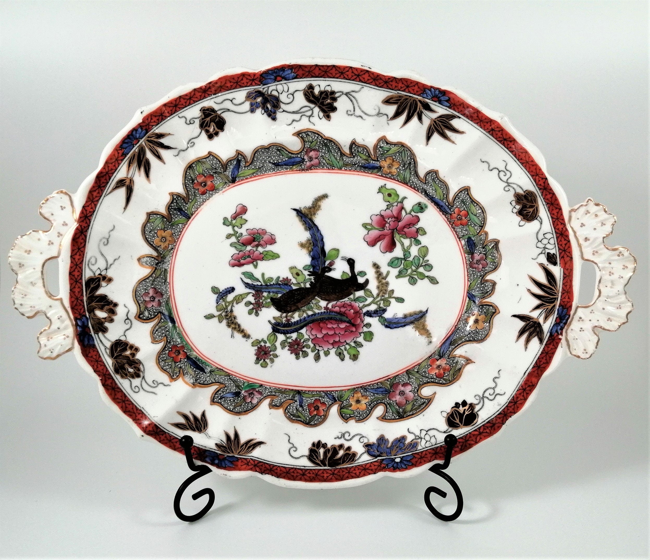 Antique Mason's Ironstone Serving Platter: Hand-Painted Chinoiserie Geese