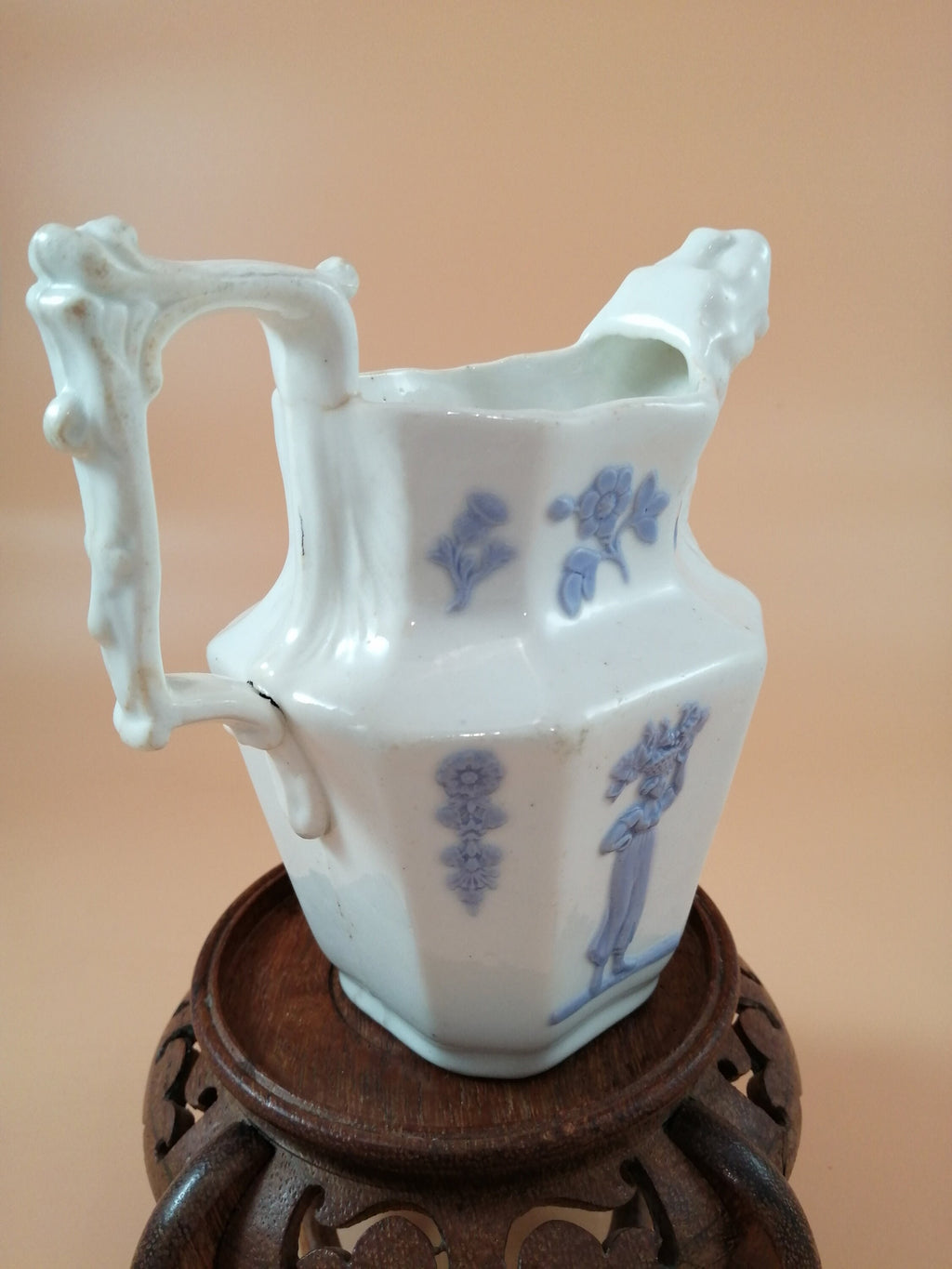 Antique Georgian Porcelain Jug: Lion Head Spout, Lavender Sprigged Figures