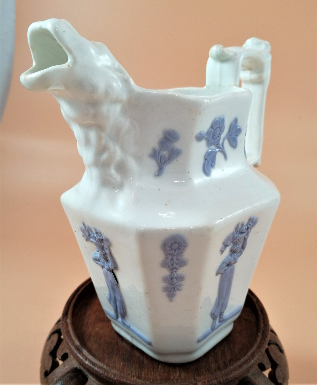 Antique Georgian Porcelain Jug: Lion Head Spout, Lavender Sprigged Figures