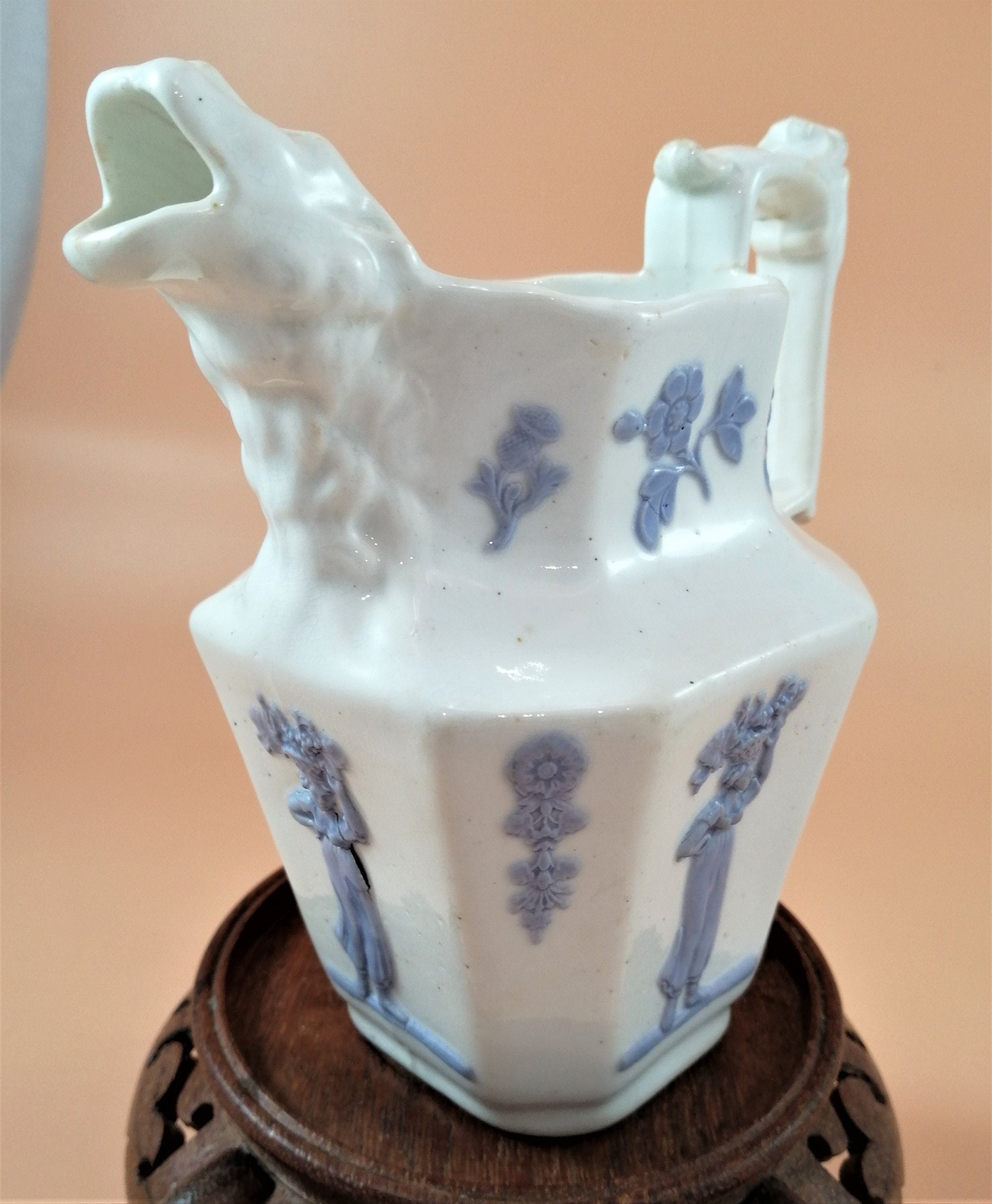 Antique Georgian Porcelain Jug: Lion Head Spout, Lavender Sprigged Figures