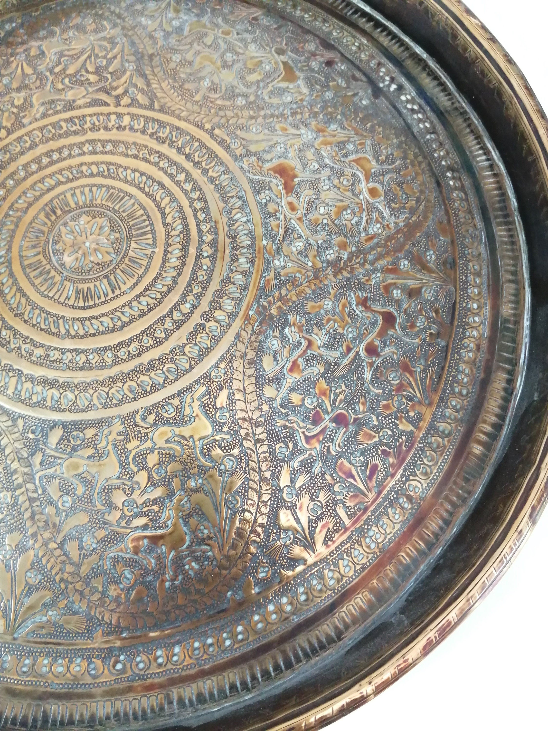 Antique Benares Brass Tray: Hand-Engraved Indian Floral & Horse Decor (32 cm)