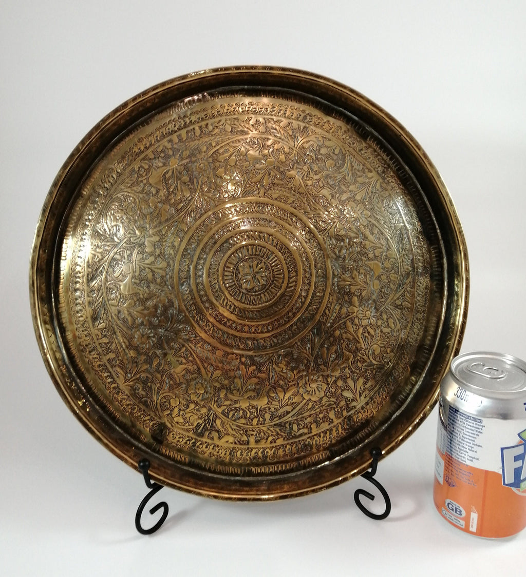 Antique Benares Brass Tray: 19th Century Indian Floral Horse Motif