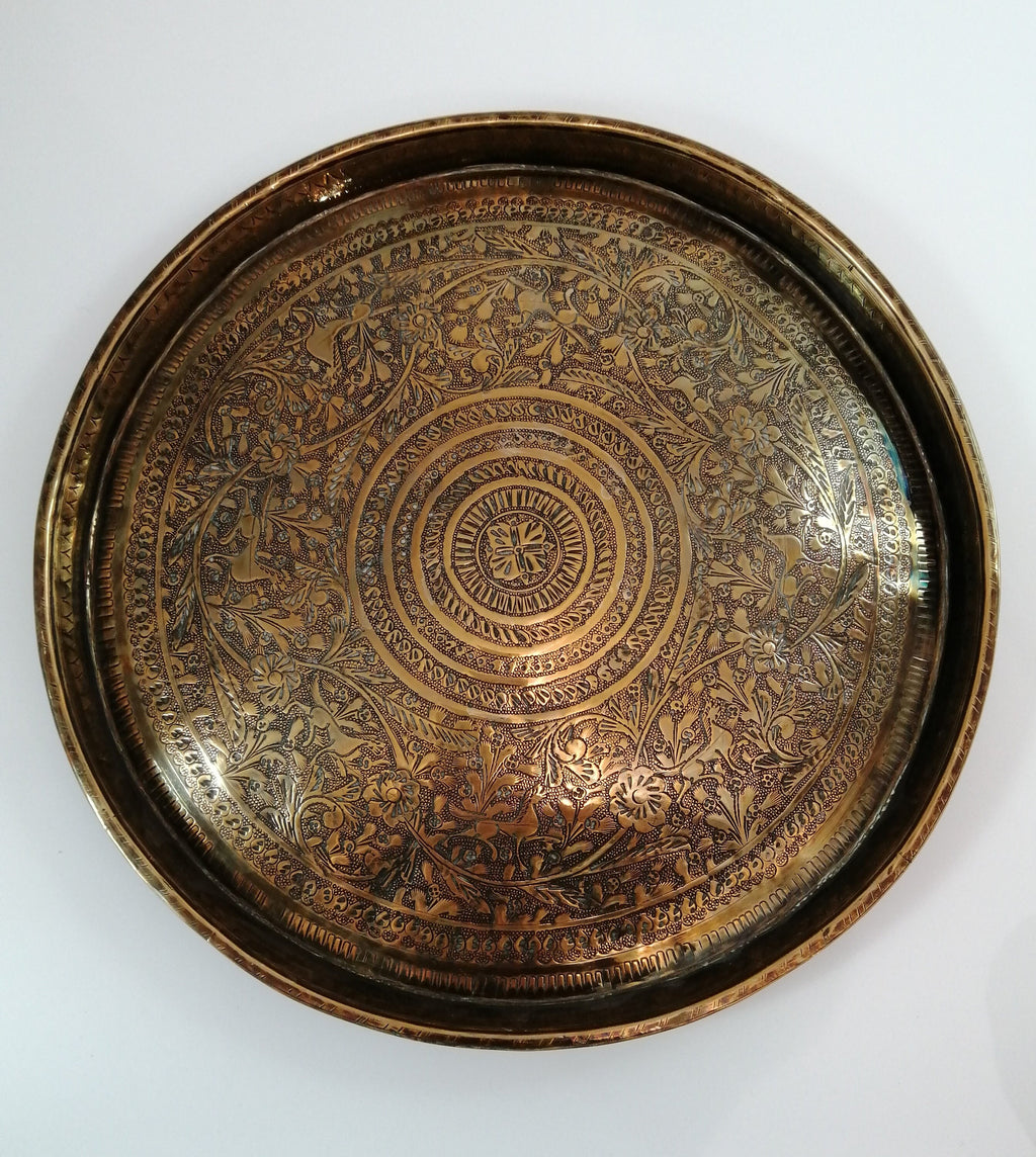 Antique Benares Brass Tray: 19th Century Indian Floral Horse Motif