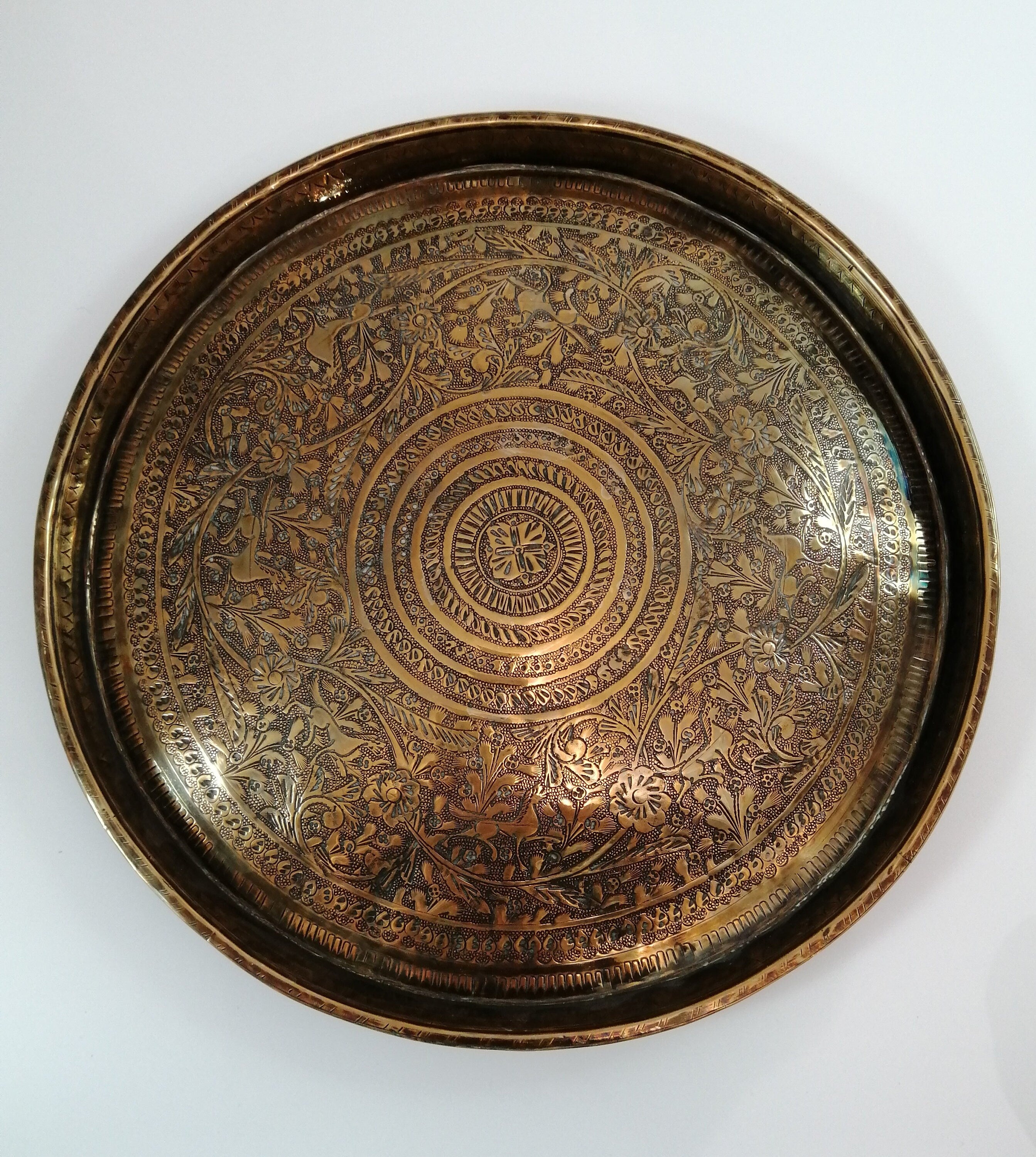 Antique Benares Brass Tray: 19th Century Indian Floral Horse Motif