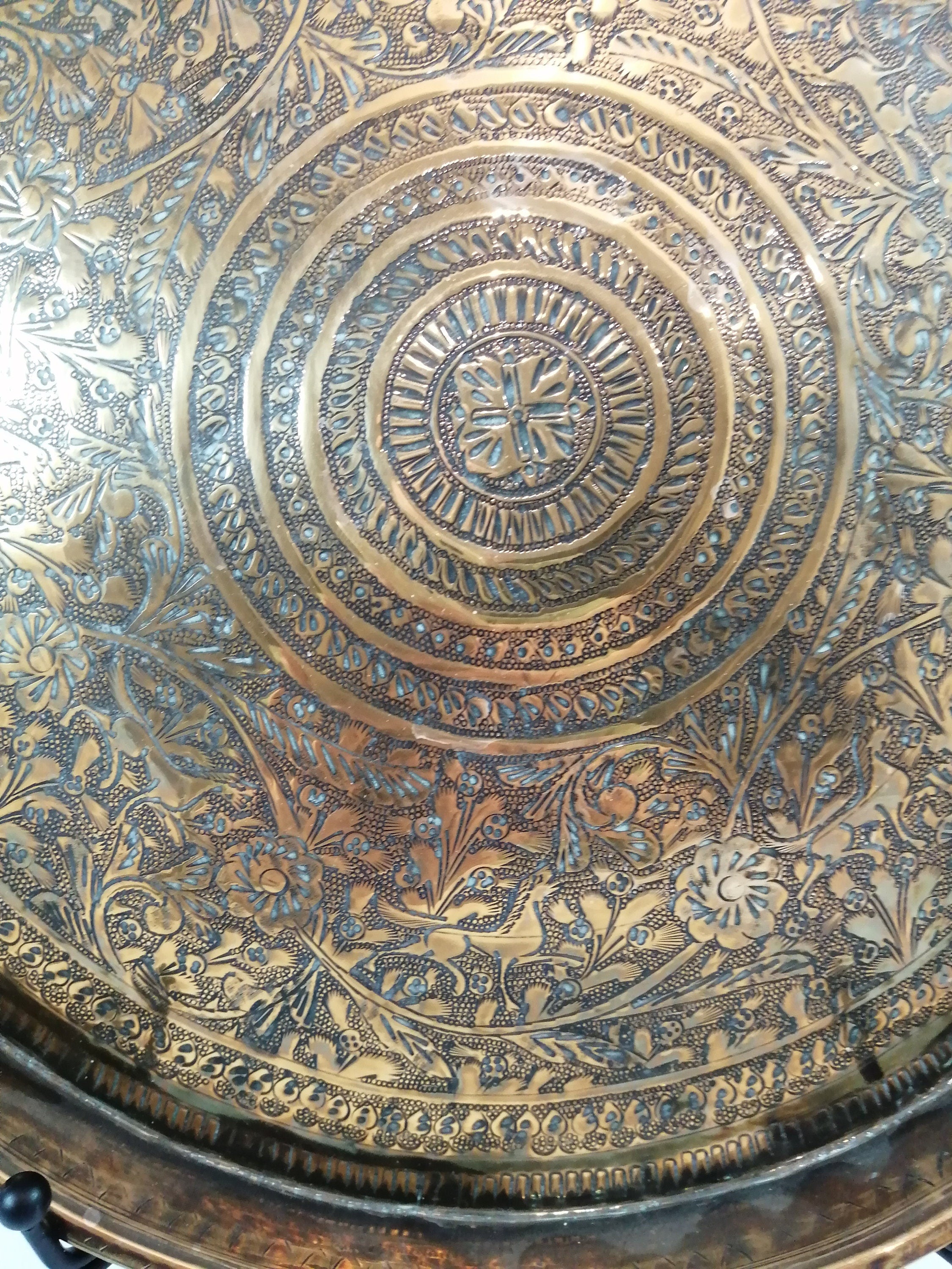 Antique Benares Brass Tray: 19th Century Indian Floral Horse Motif