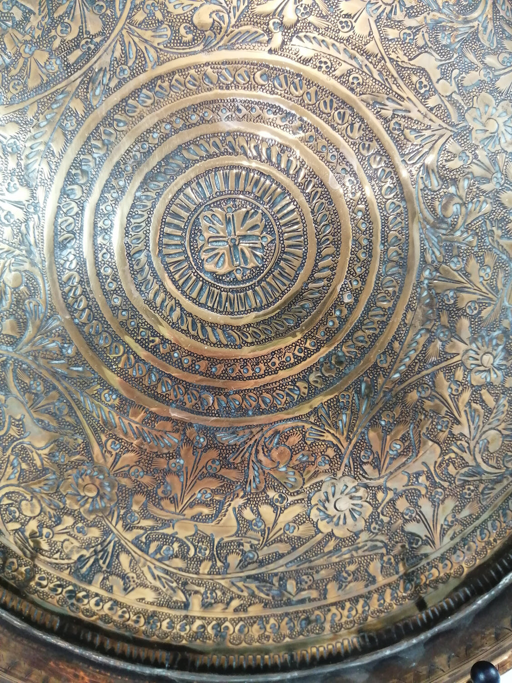 Antique Benares Brass Tray: 19th Century Indian Floral Horse Motif