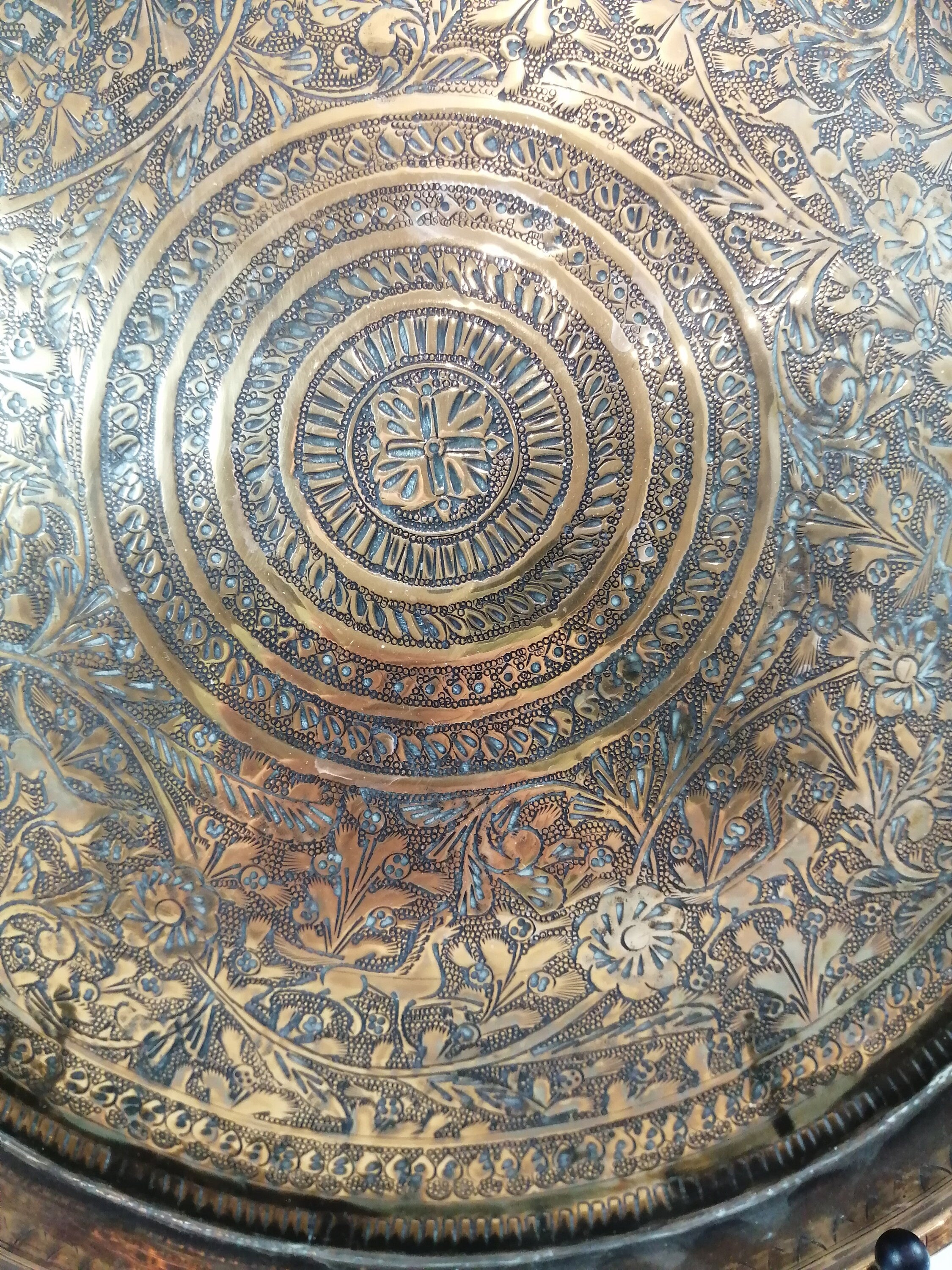 Antique Benares Brass Tray: 19th Century Indian Floral Horse Motif