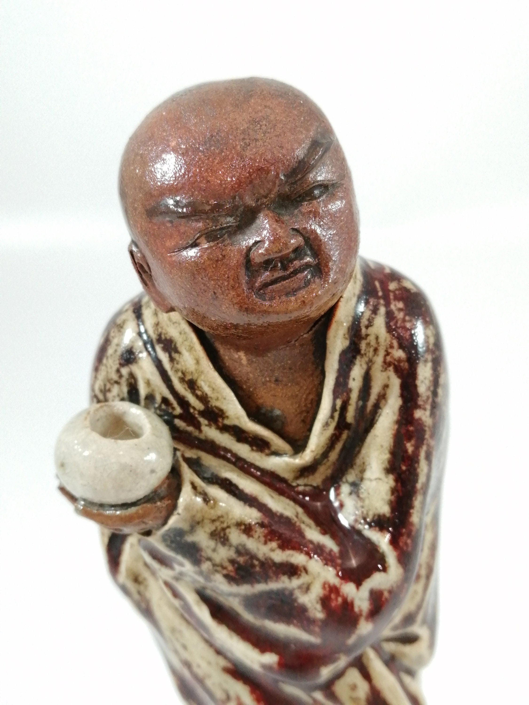 Antique Shiwan Ware Monk Figurine: Hand-Sculpted Chinese Pottery, Jun Glaze