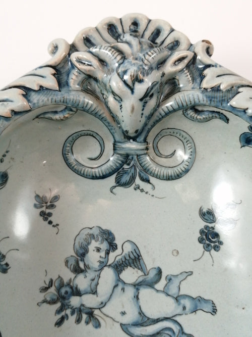 Antique Italian Cantagalli Tin Glazed Blue & White Plate Decorated Putti. Late 19th century.