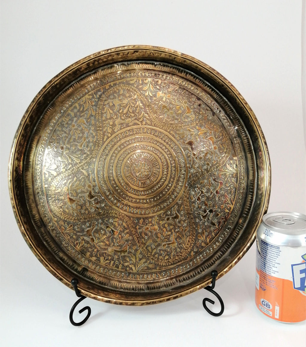 Antique Benares Brass Tray: Hand-Engraved Indian Floral & Horse Decor (32 cm)