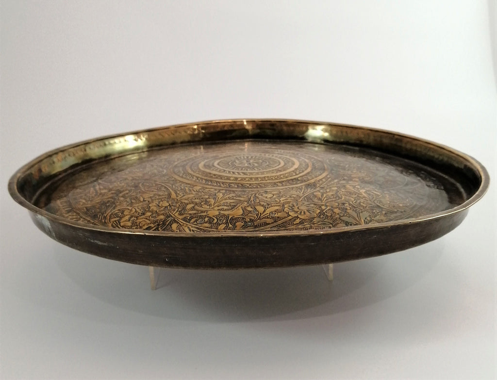 Antique Benares Brass Tray: 19th Century Indian Floral Horse Motif