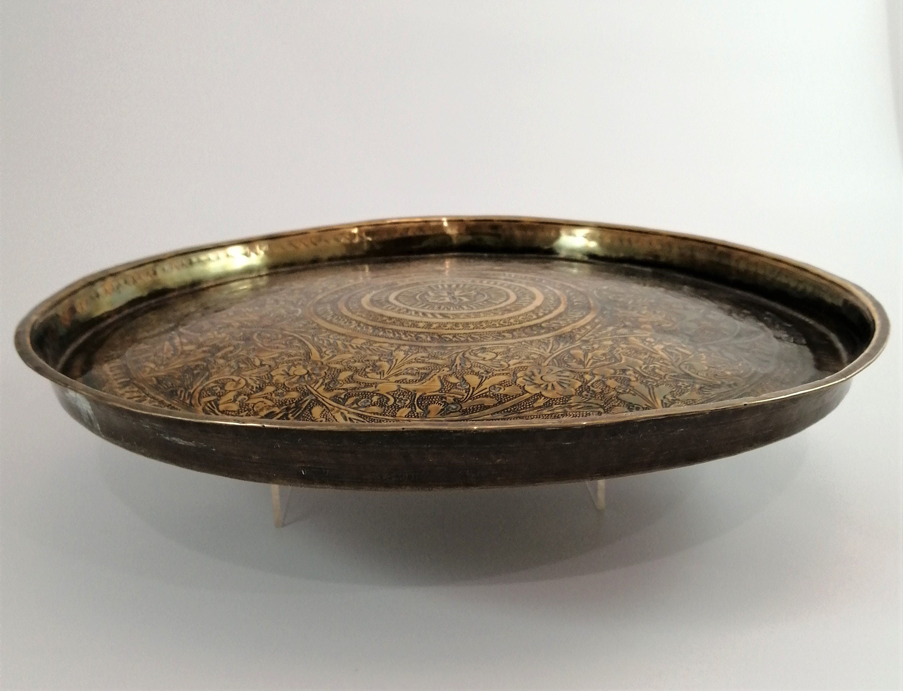 Antique Benares Brass Tray: 19th Century Indian Floral Horse Motif