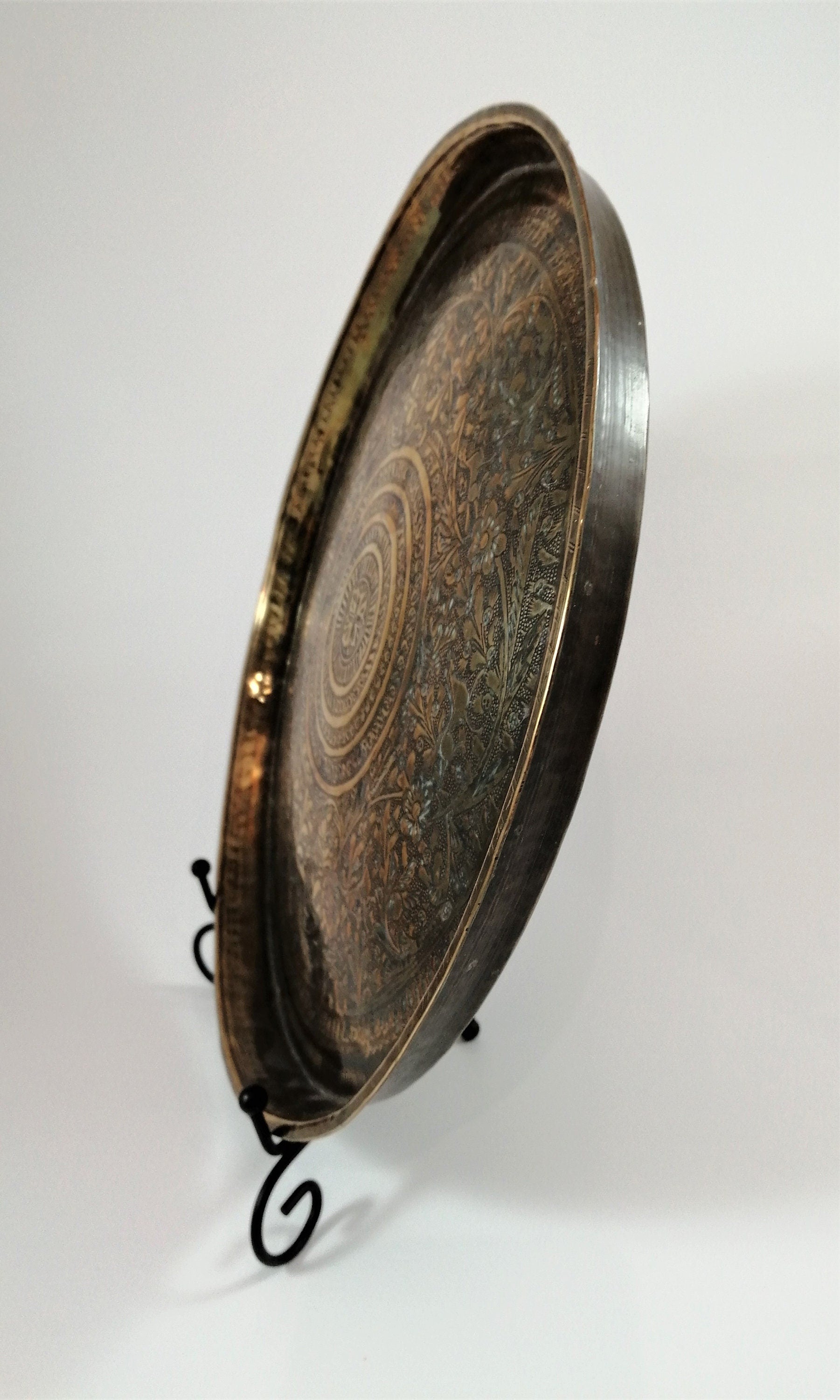 Antique Benares Brass Tray: 19th Century Indian Floral Horse Motif