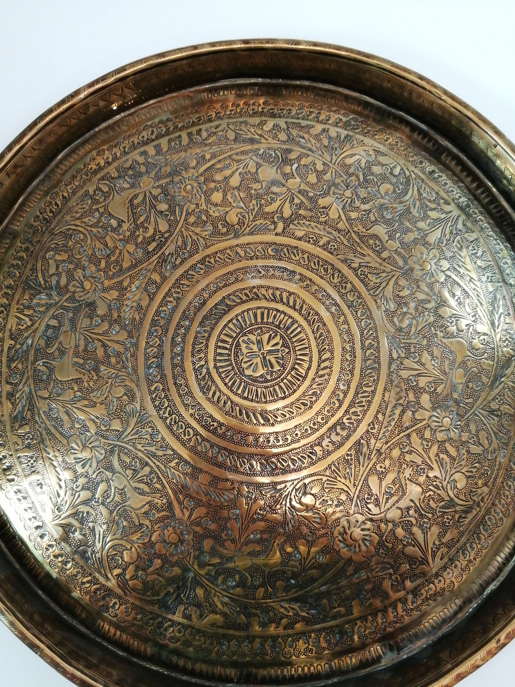 Antique Benares Brass Tray: 19th Century Indian Floral Horse Motif