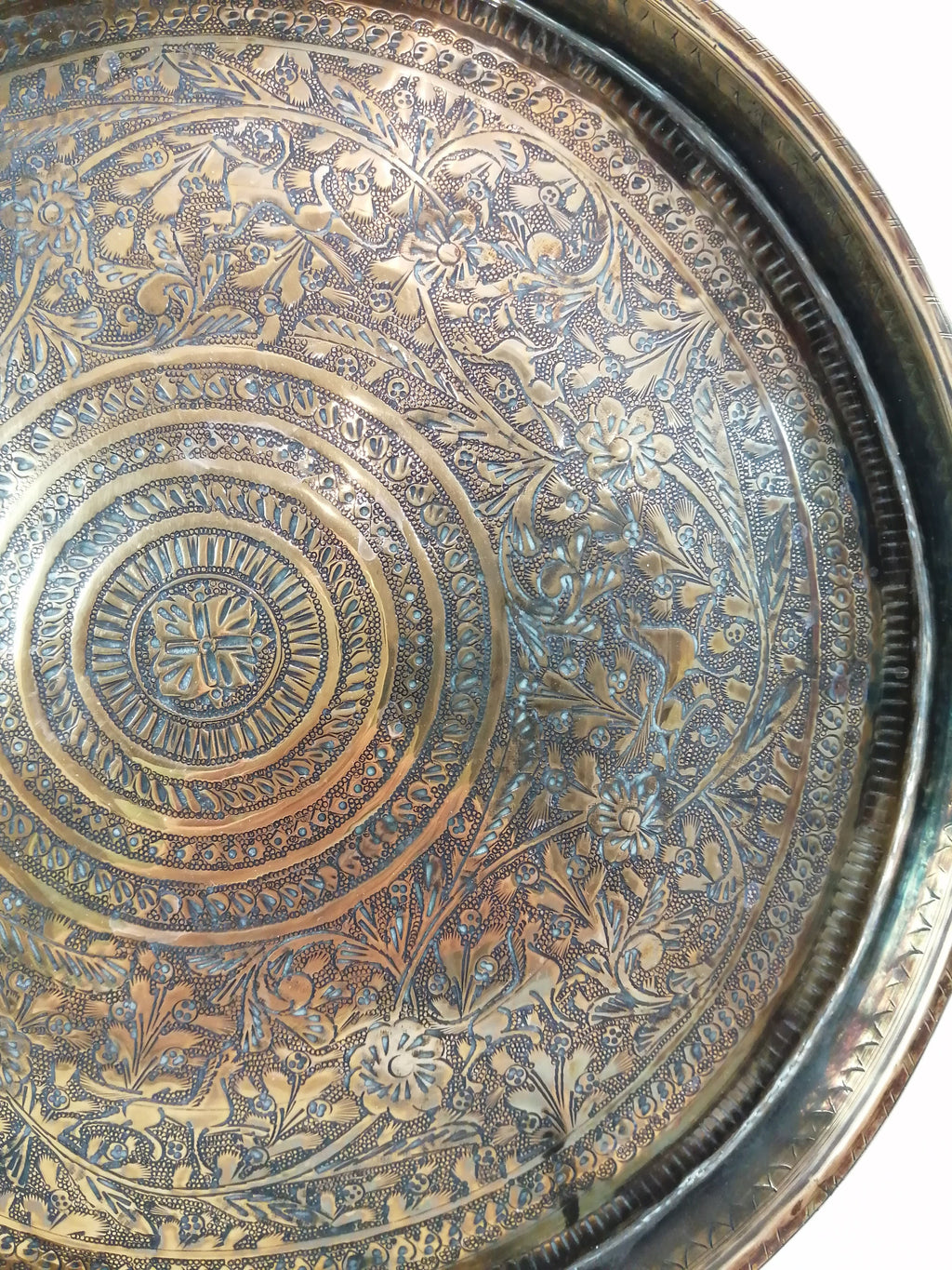 Antique Benares Brass Tray: 19th Century Indian Floral Horse Motif
