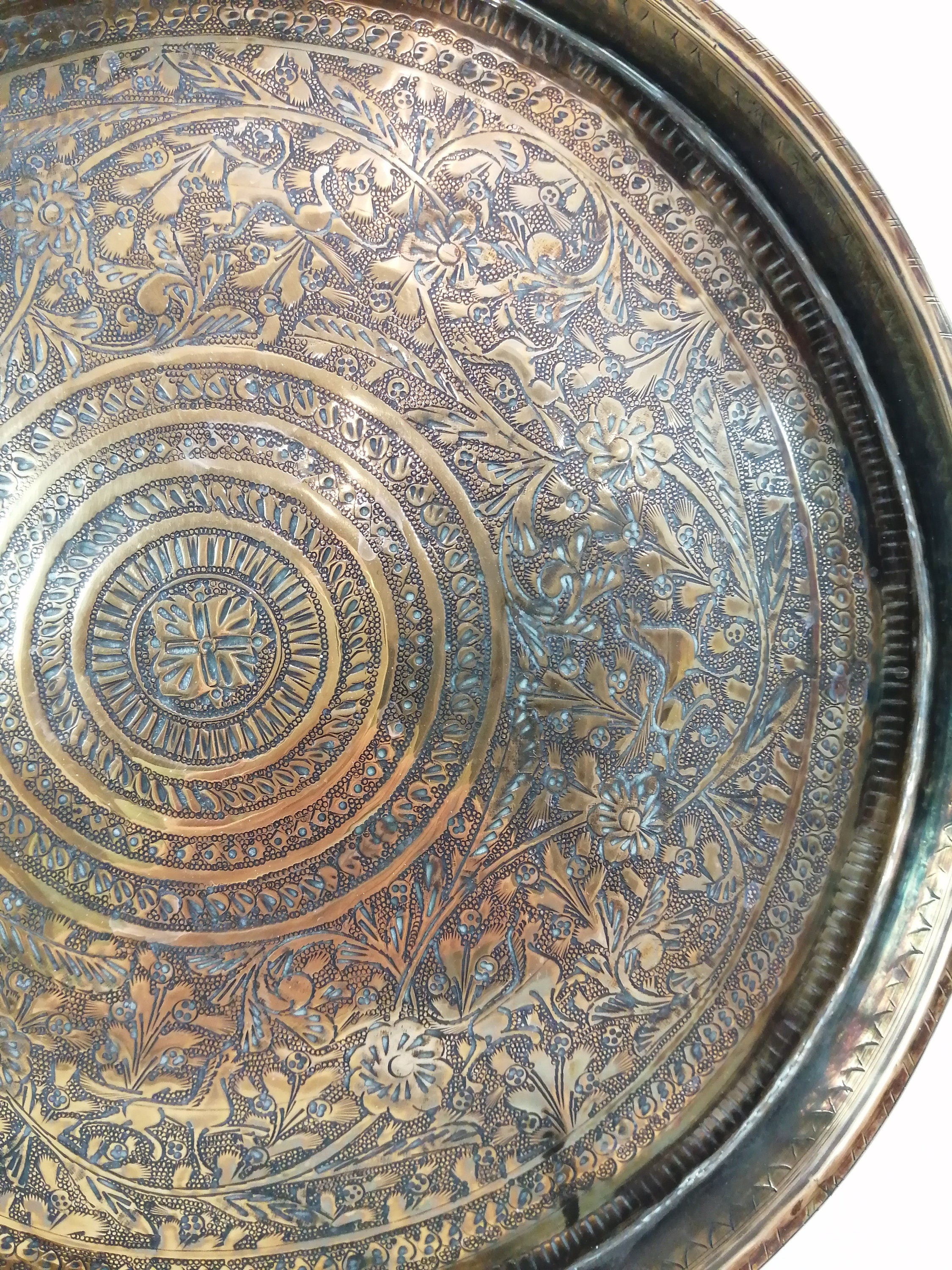 Antique Benares Brass Tray: 19th Century Indian Floral Horse Motif