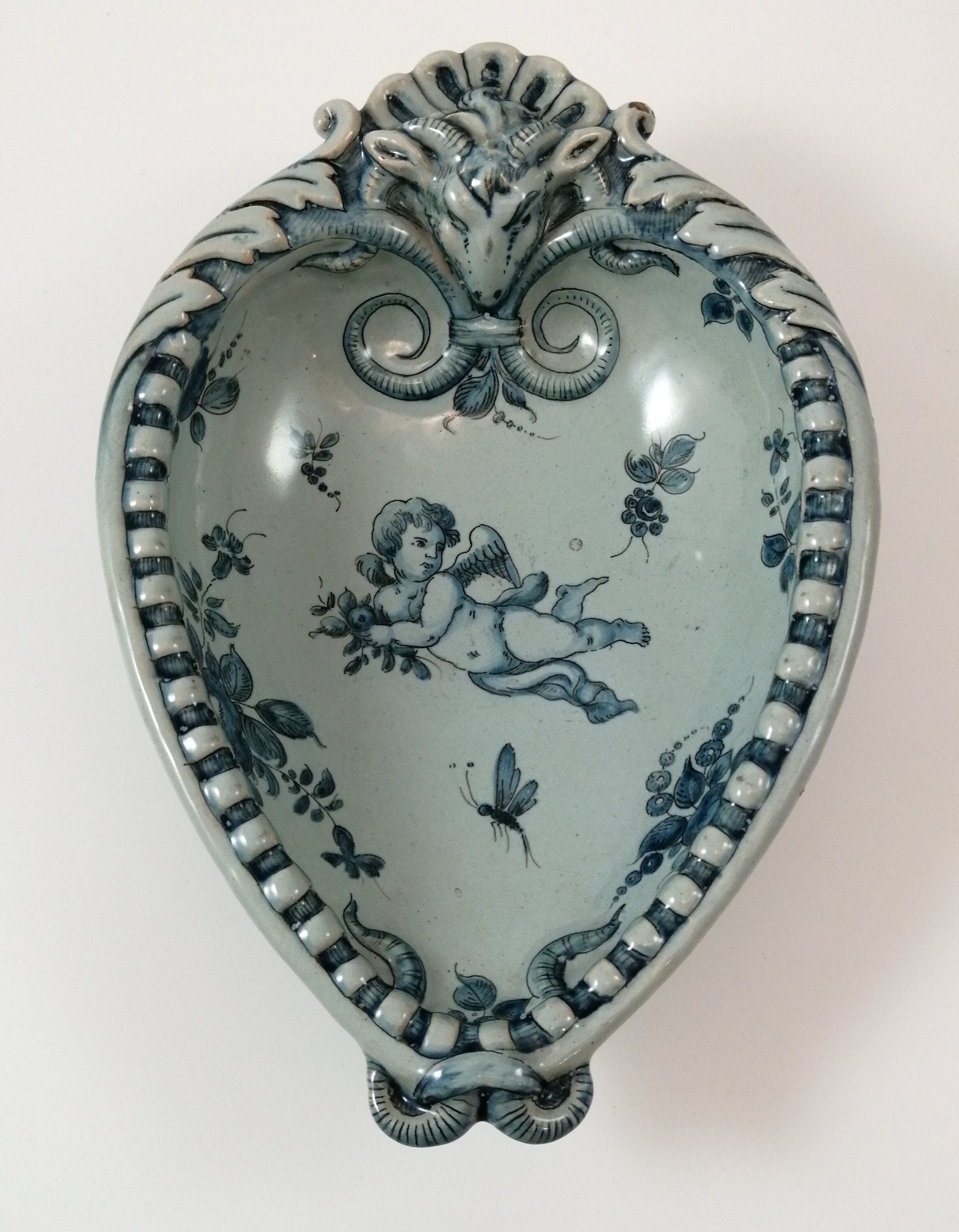 Antique Italian Cantagalli Tin Glazed Blue & White Plate Decorated Putti. Late 19th century.
