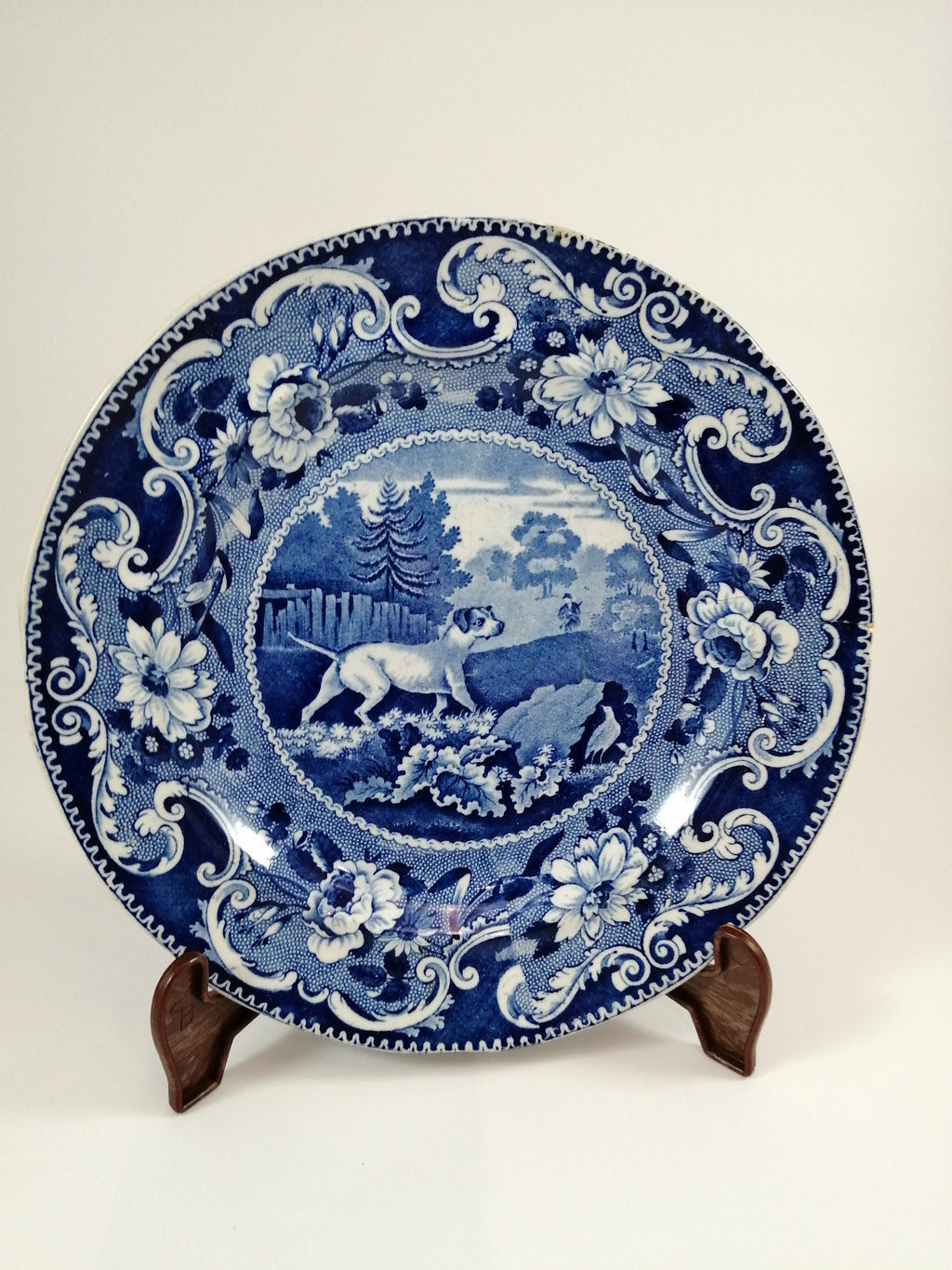 Antique Blue Transferware Plate: Enoch Wood "Hunter Dog" Sporting Scene