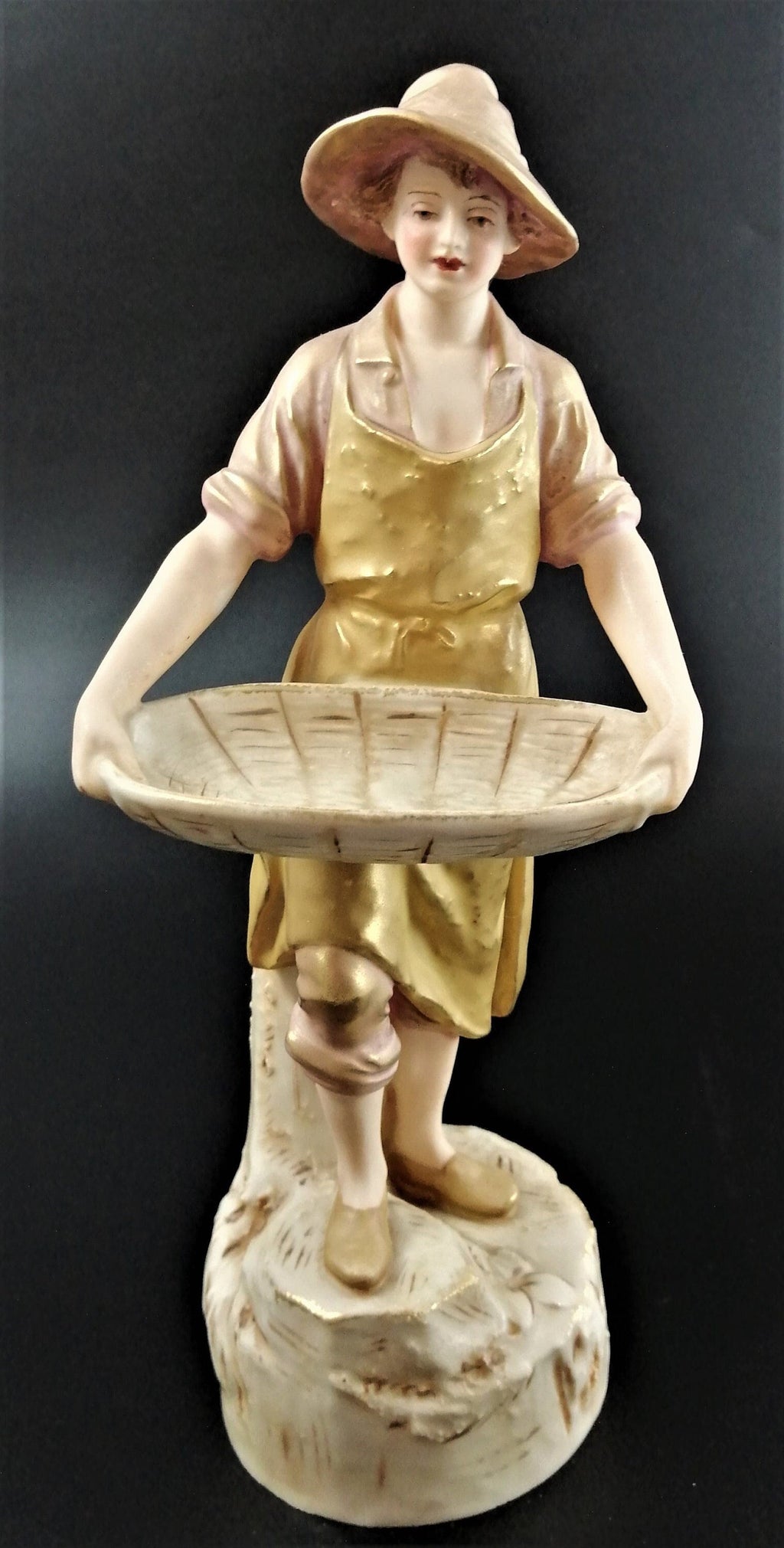 Antique Royal Dux Porcelain Figurine of young man carrying gathering baskets