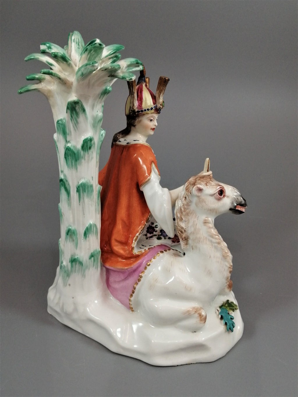 Chelsea Porcelain Figurine: Woman on Camel, Antique Allegorical Figure
