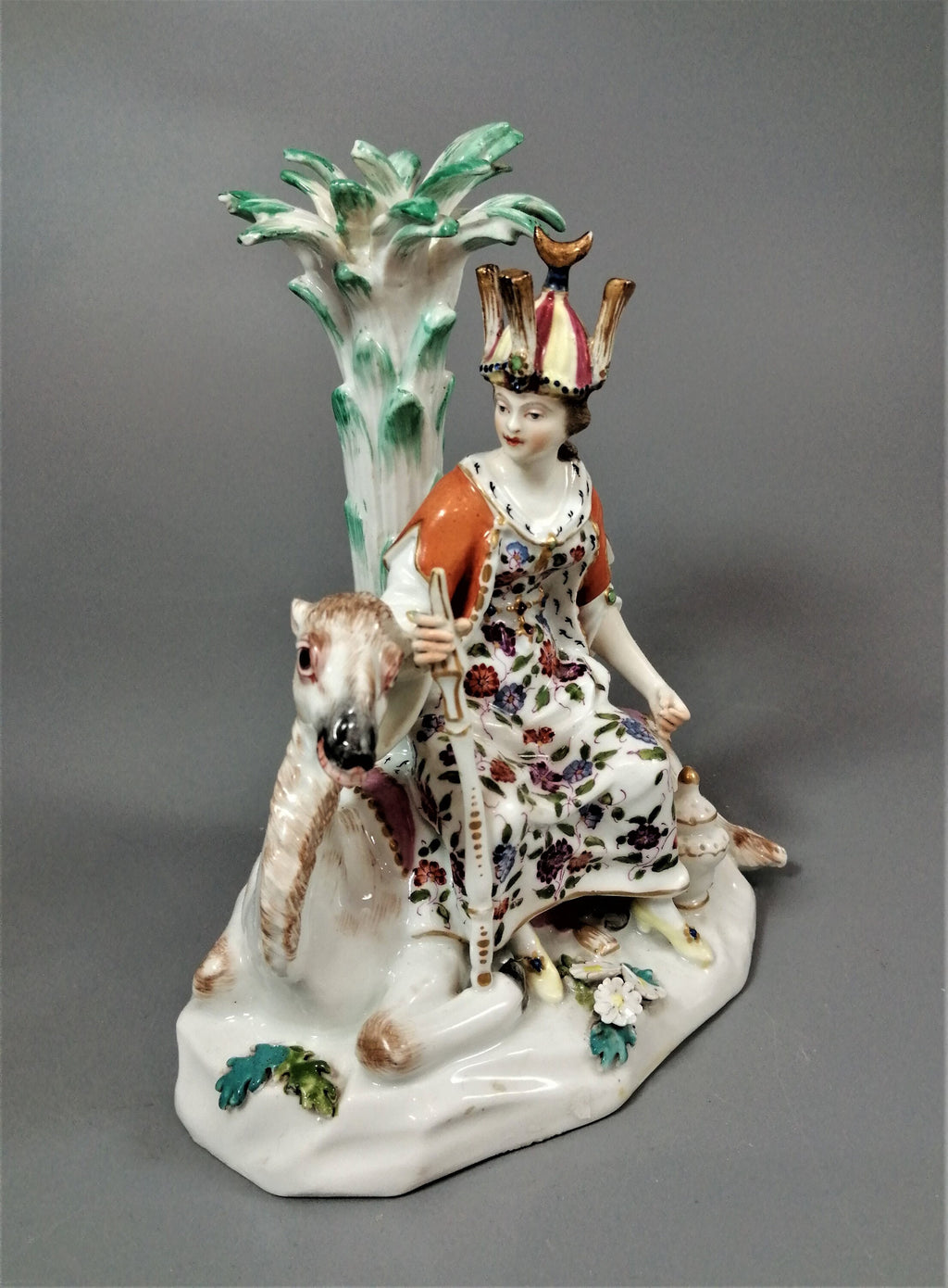 Chelsea Porcelain Figurine: Woman on Camel, Antique Allegorical Figure