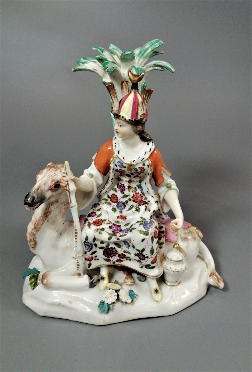 Chelsea Porcelain Figurine: Woman on Camel, Antique Allegorical Figure
