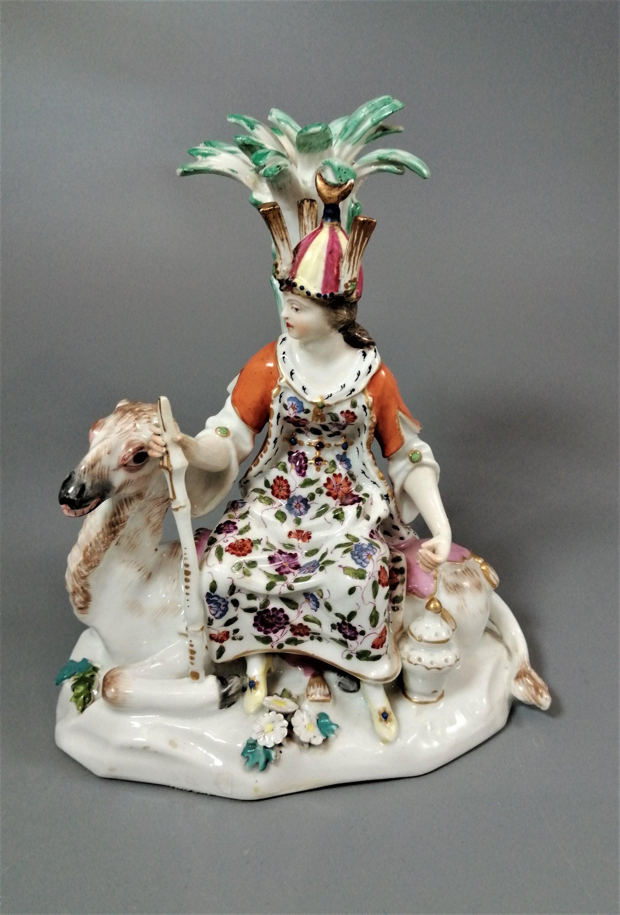 Chelsea Porcelain Figurine: Woman on Camel, Antique Allegorical Figure