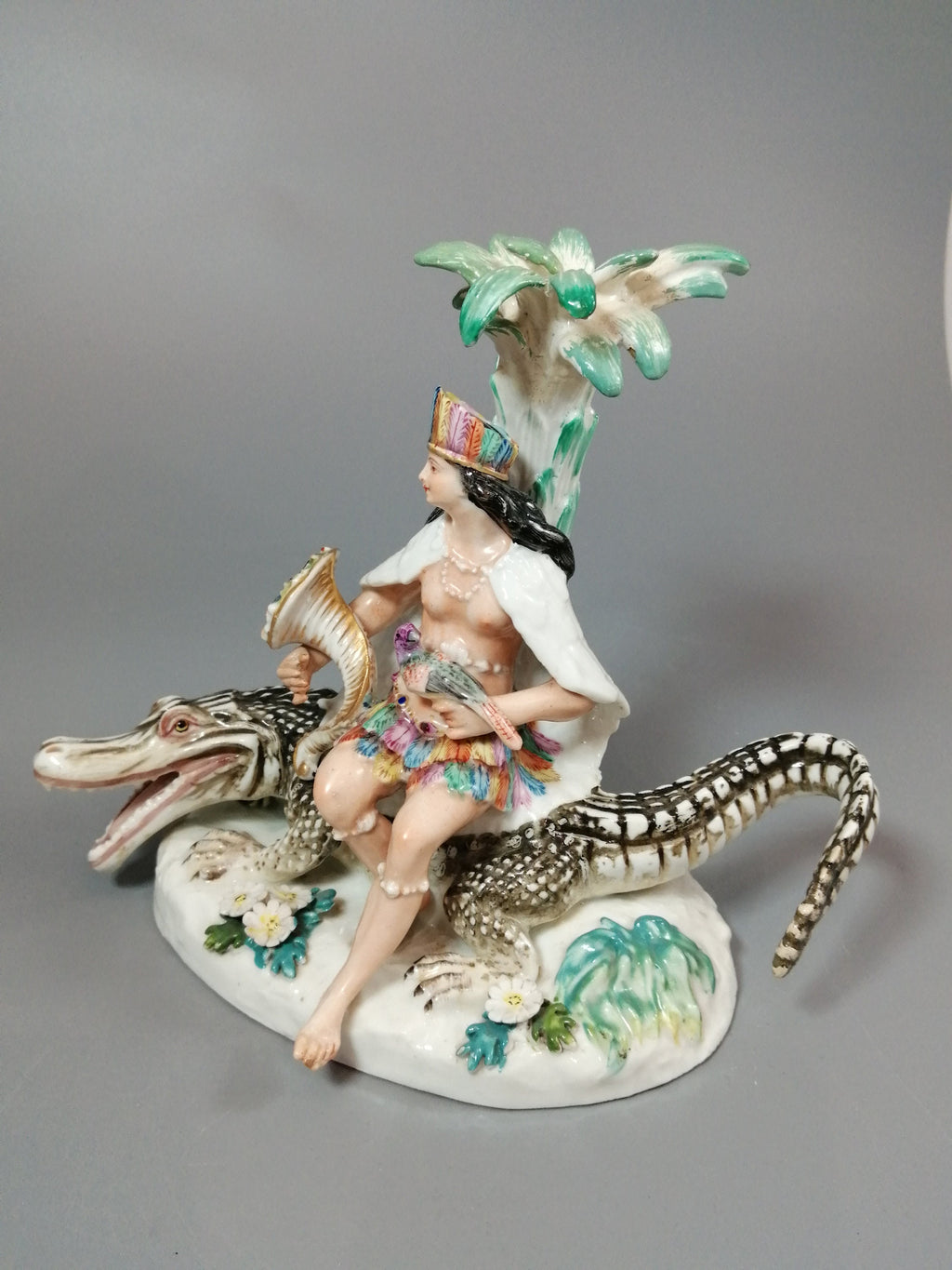 Antique Chelsea Porcelain Figurine: Woman on Alligator, c. 1745