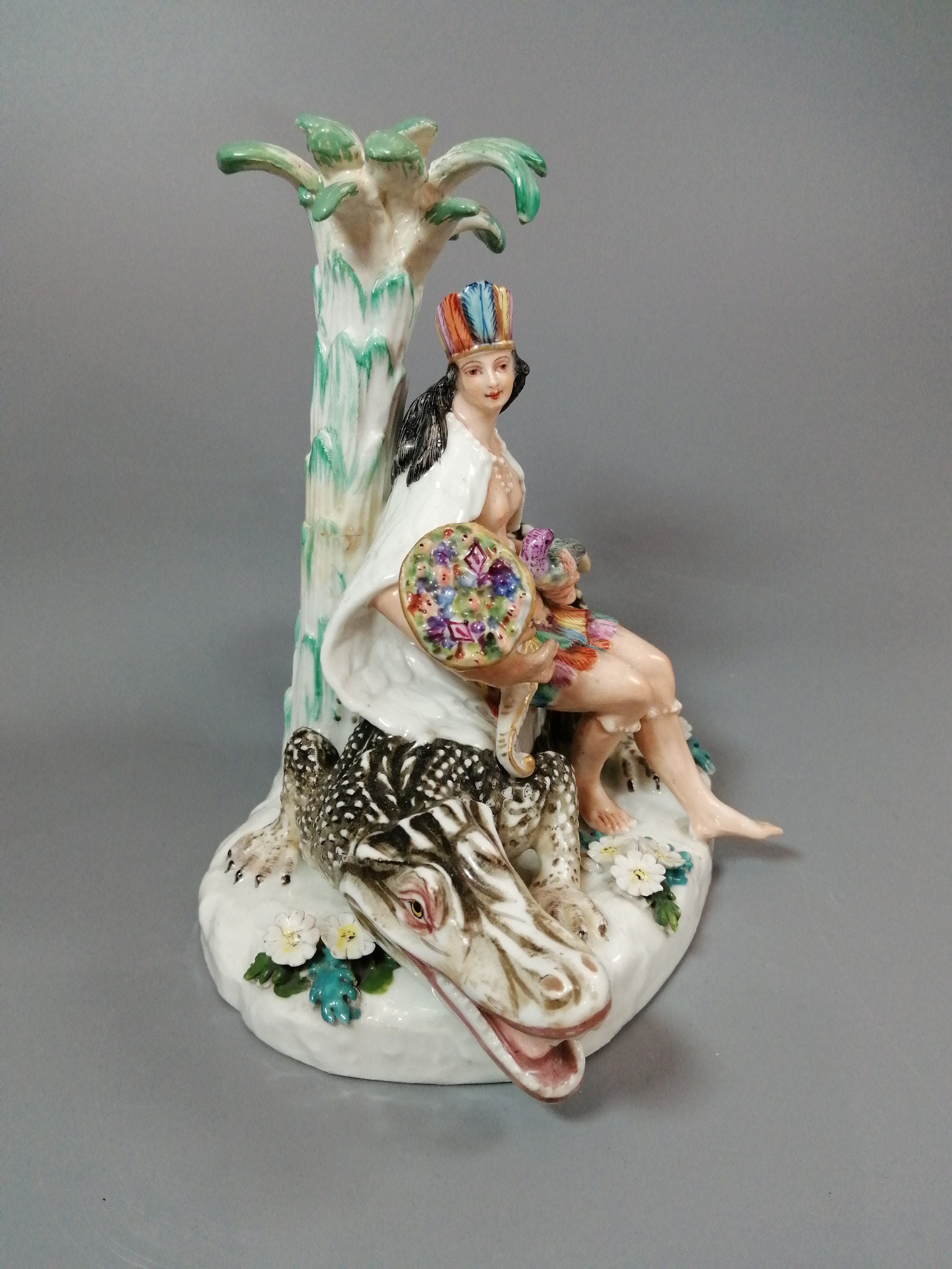 Antique Chelsea Porcelain Figurine: Woman on Alligator, c. 1745