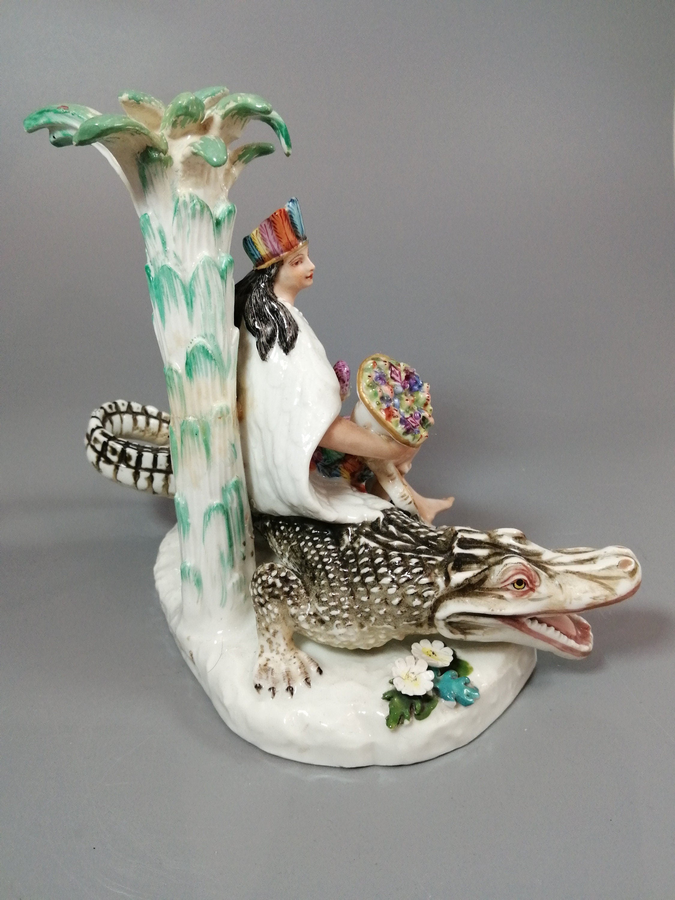 Antique Chelsea Porcelain Figurine: Woman on Alligator, c. 1745