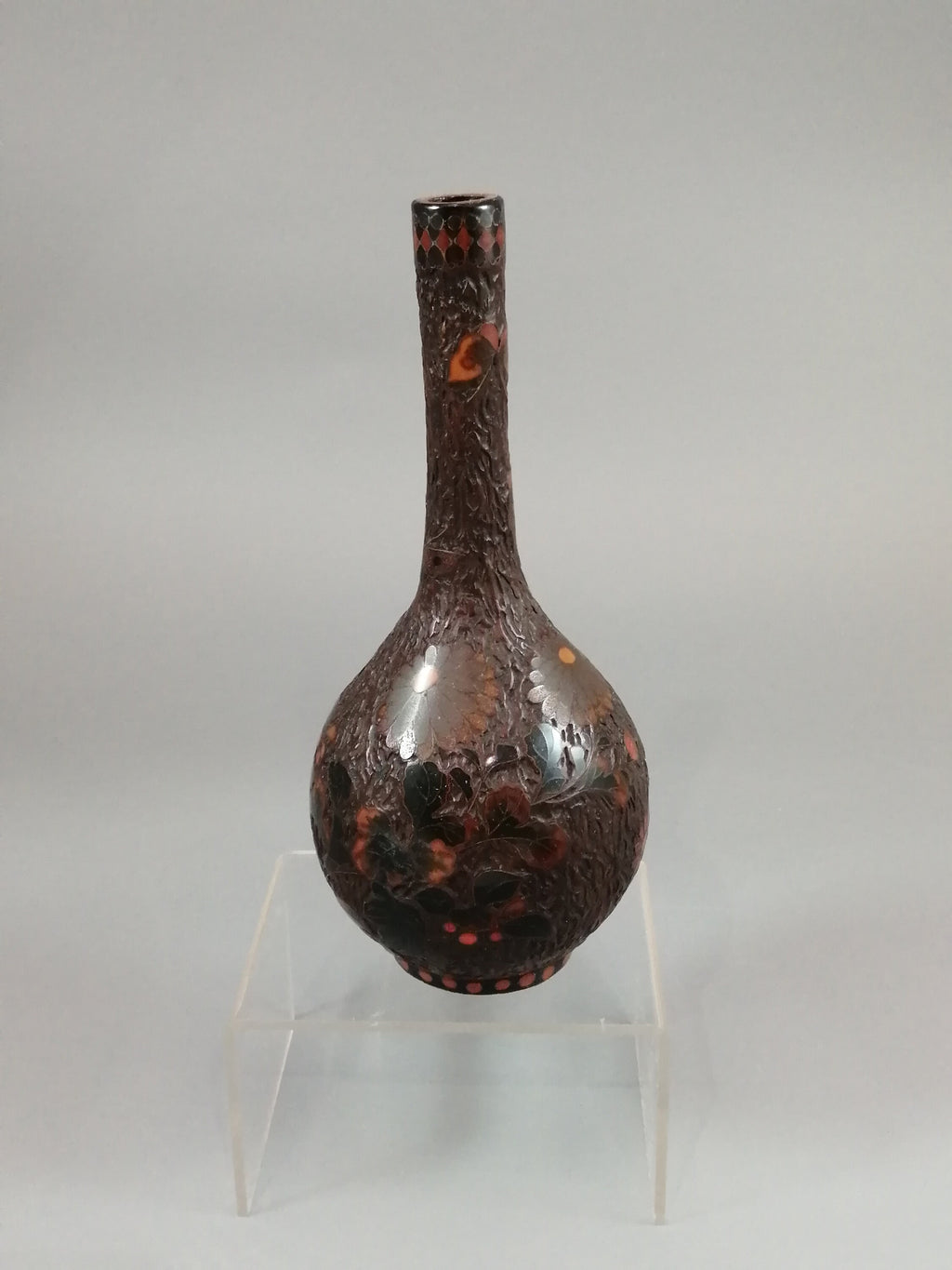 Meiji Japanese Totai-Shippo Vase: Cloisonné Butterflies, Tree Bark Glaze