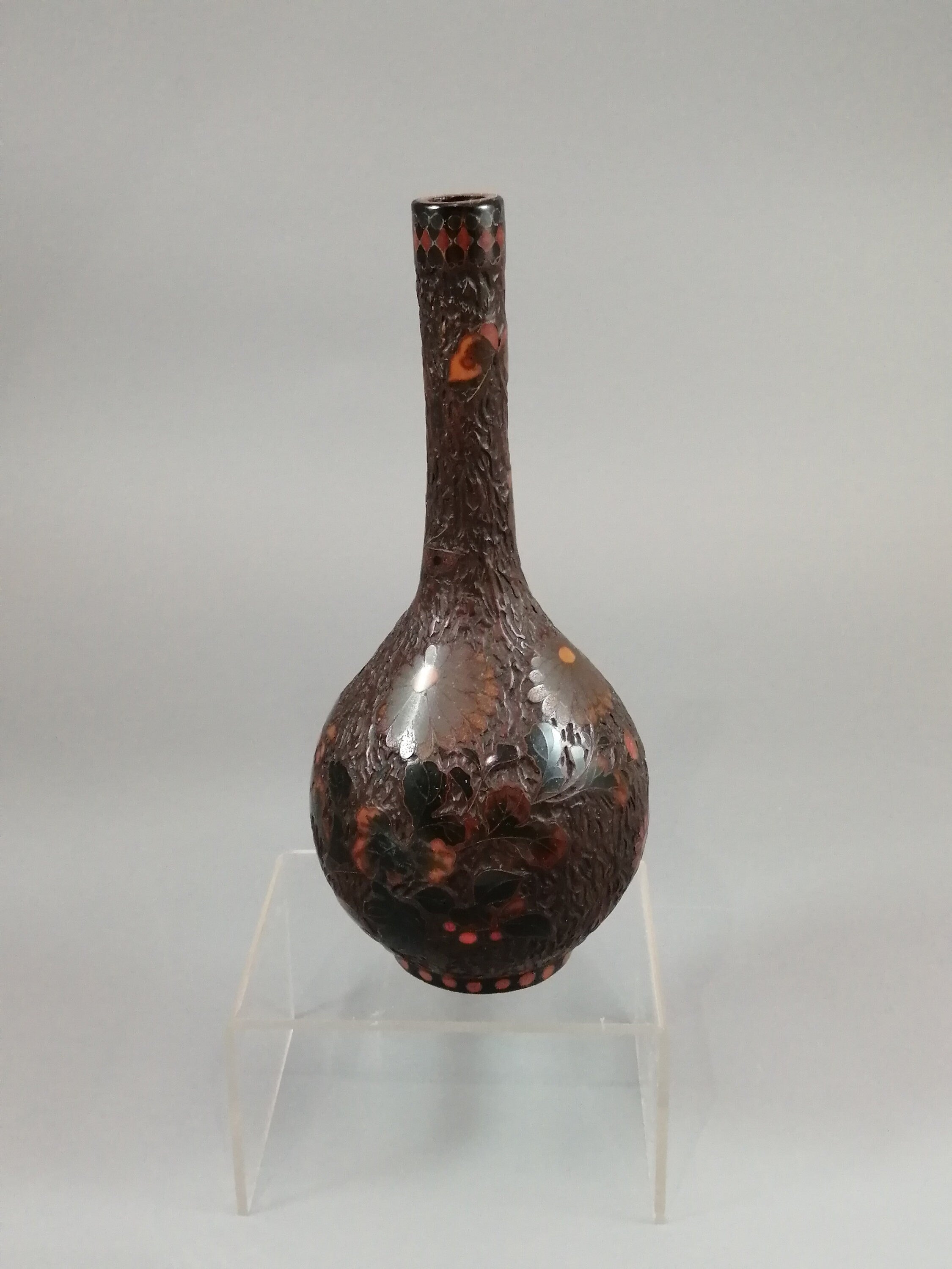 Meiji Japanese Totai-Shippo Vase: Cloisonné Butterflies, Tree Bark Glaze