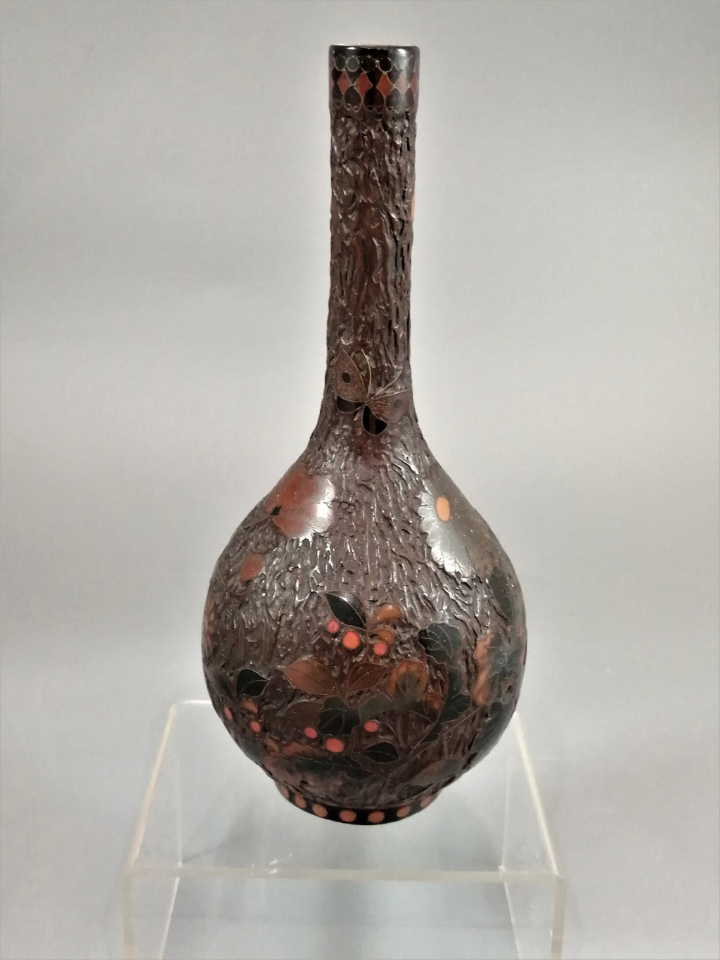 Meiji Japanese Totai-Shippo Vase: Cloisonné Butterflies, Tree Bark Glaze