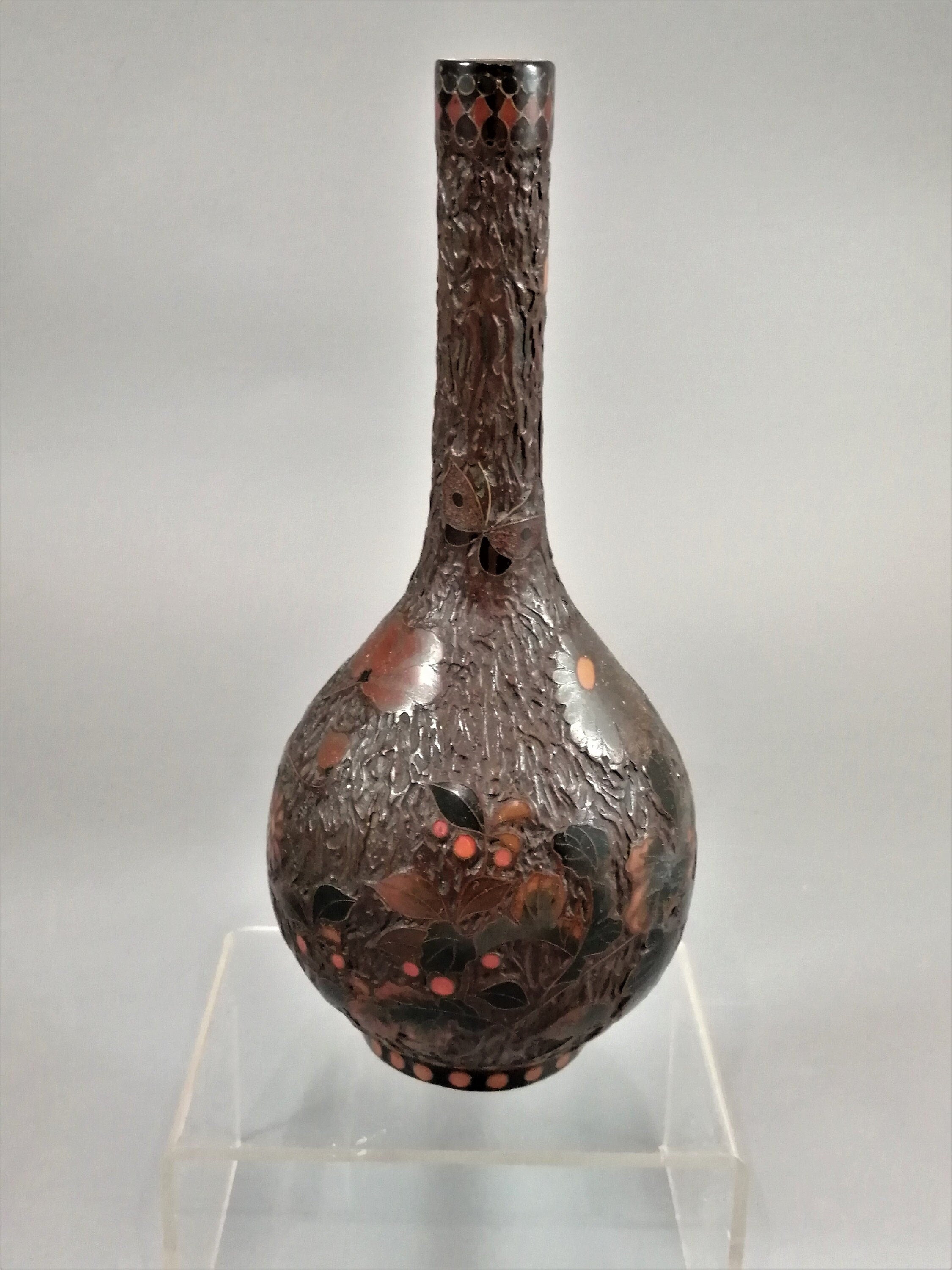 Meiji Japanese Totai-Shippo Vase: Cloisonné Butterflies, Tree Bark Glaze