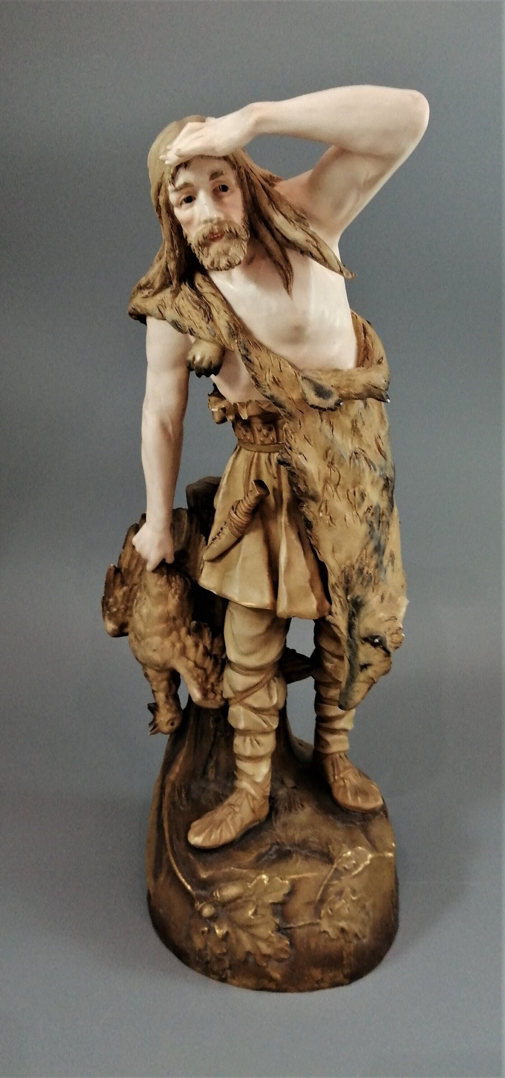 Rare Ernst Wahliss Porcelain Sculpture: Art Nouveau Hunter in Wolfskin