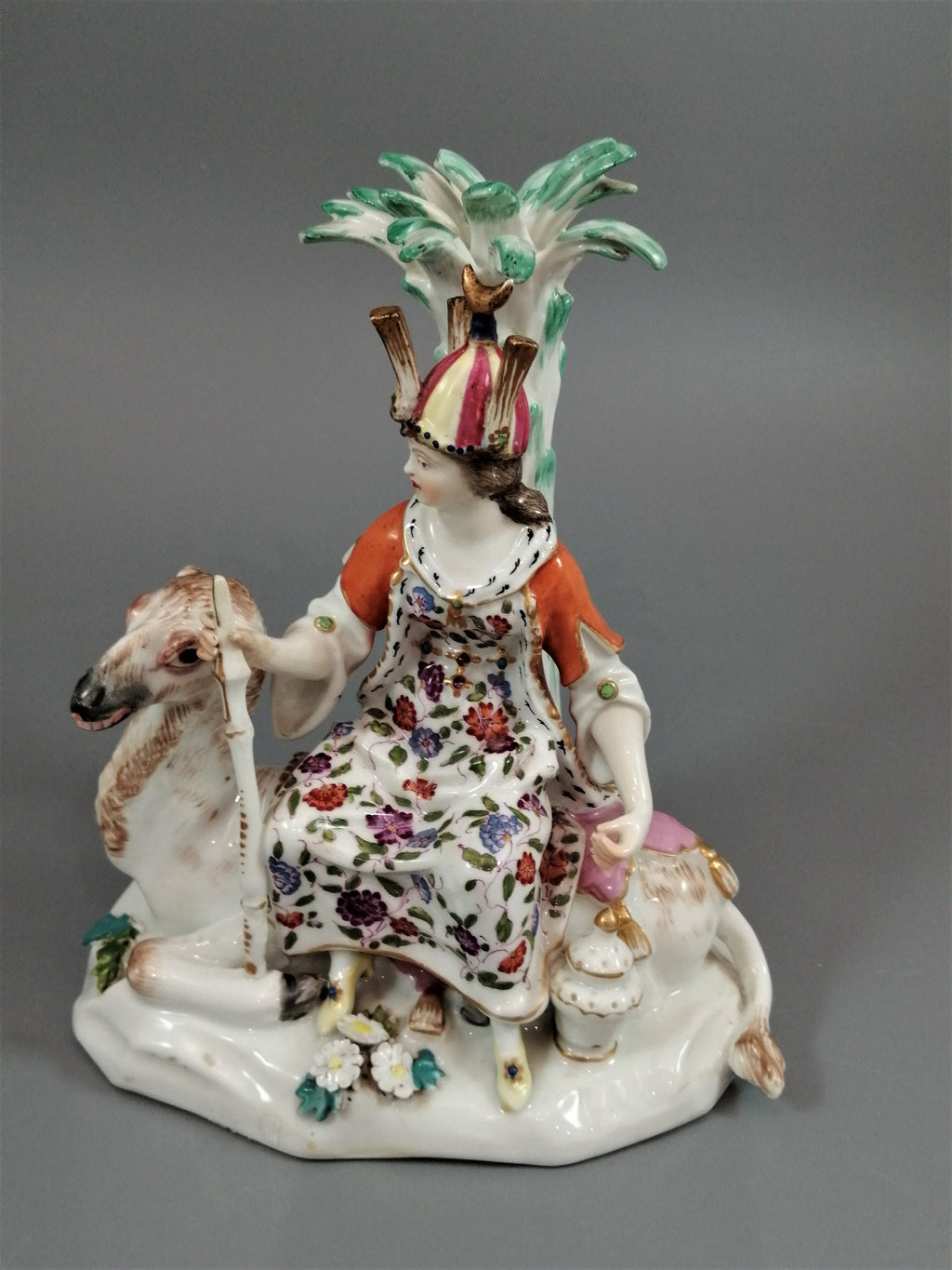 Chelsea Porcelain Figurine: Woman on Camel, Antique Allegorical Figure