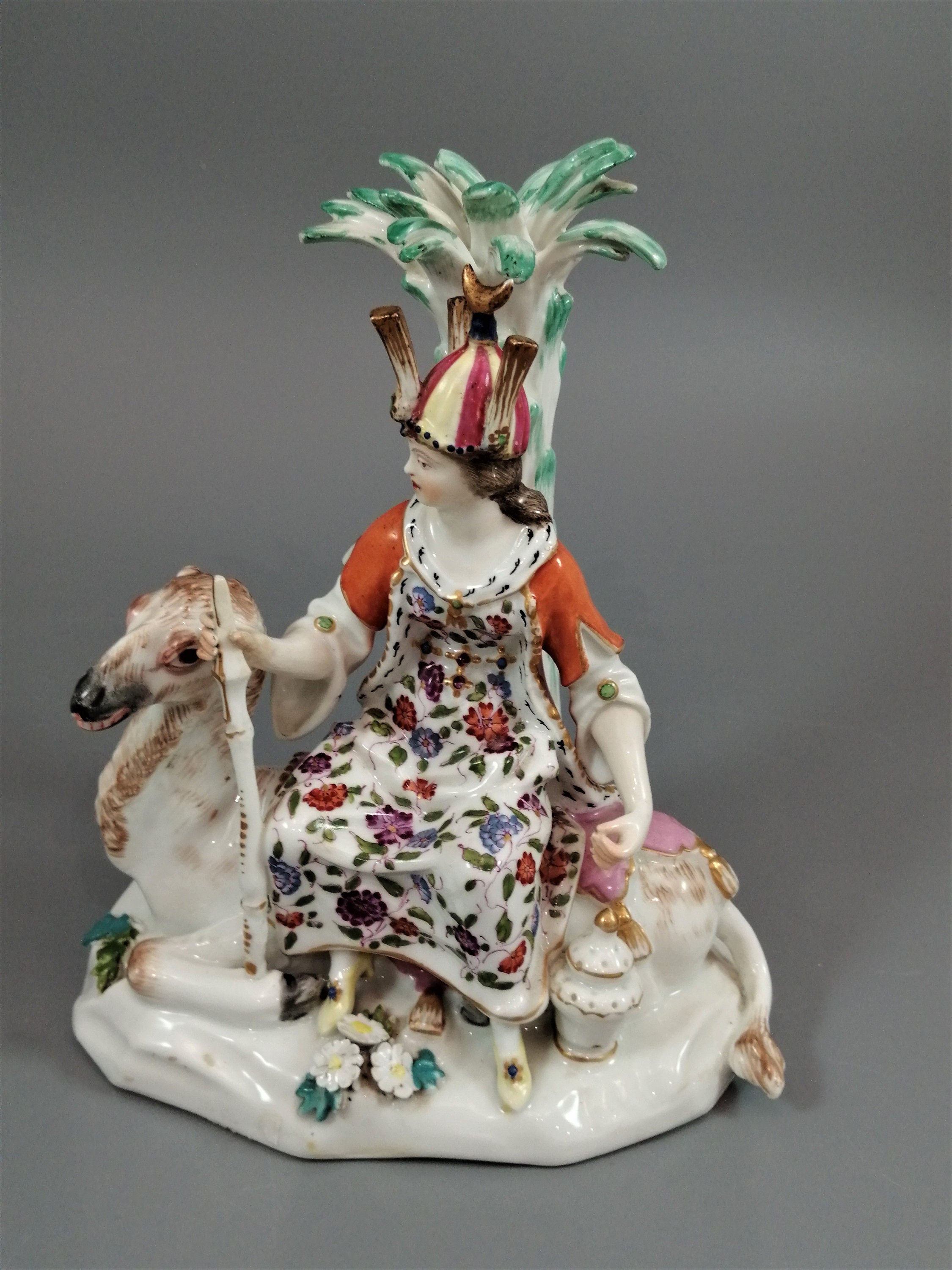 Chelsea Porcelain Figurine: Woman on Camel, Antique Allegorical Figure