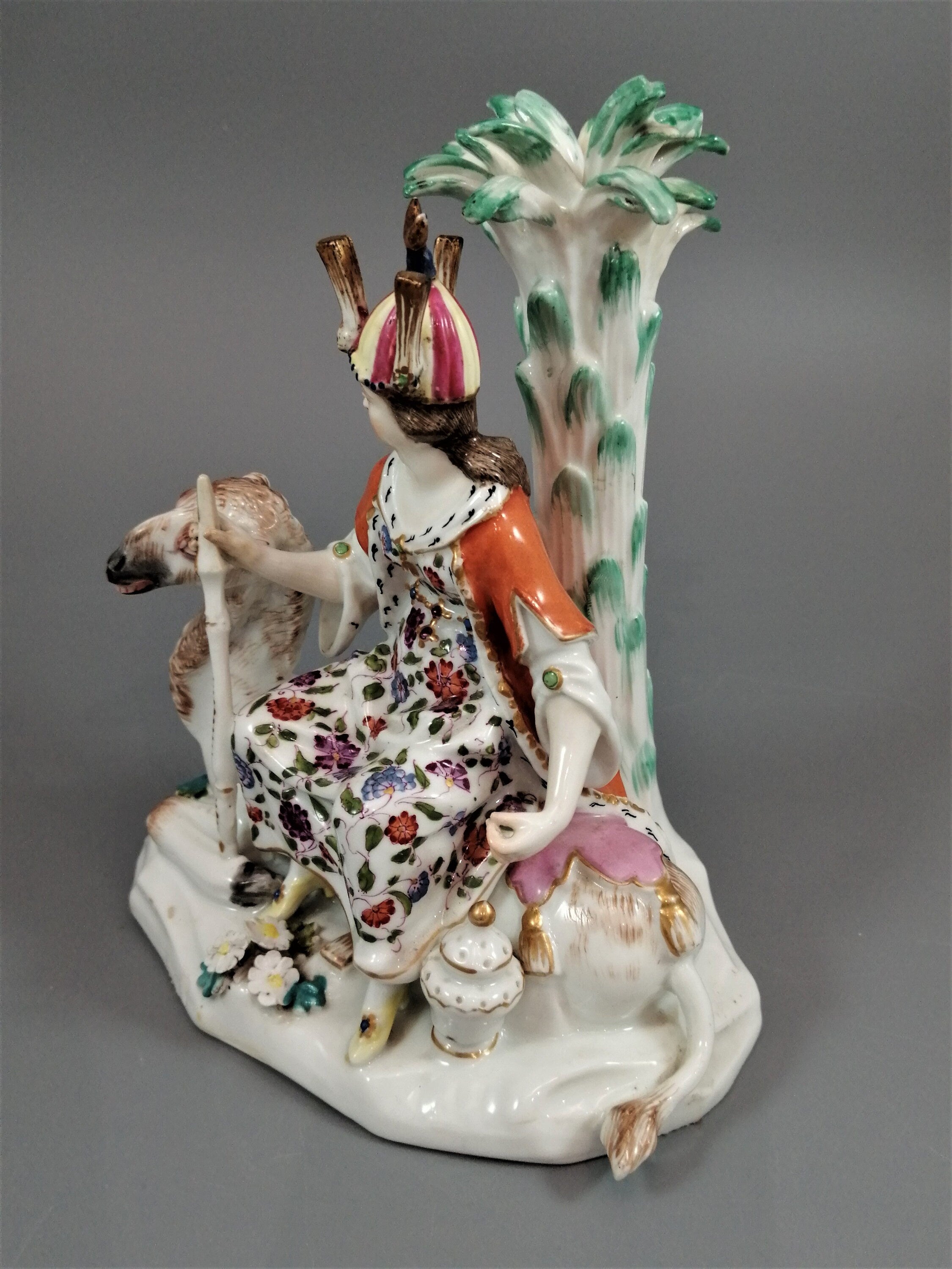 Chelsea Porcelain Figurine: Woman on Camel, Antique Allegorical Figure