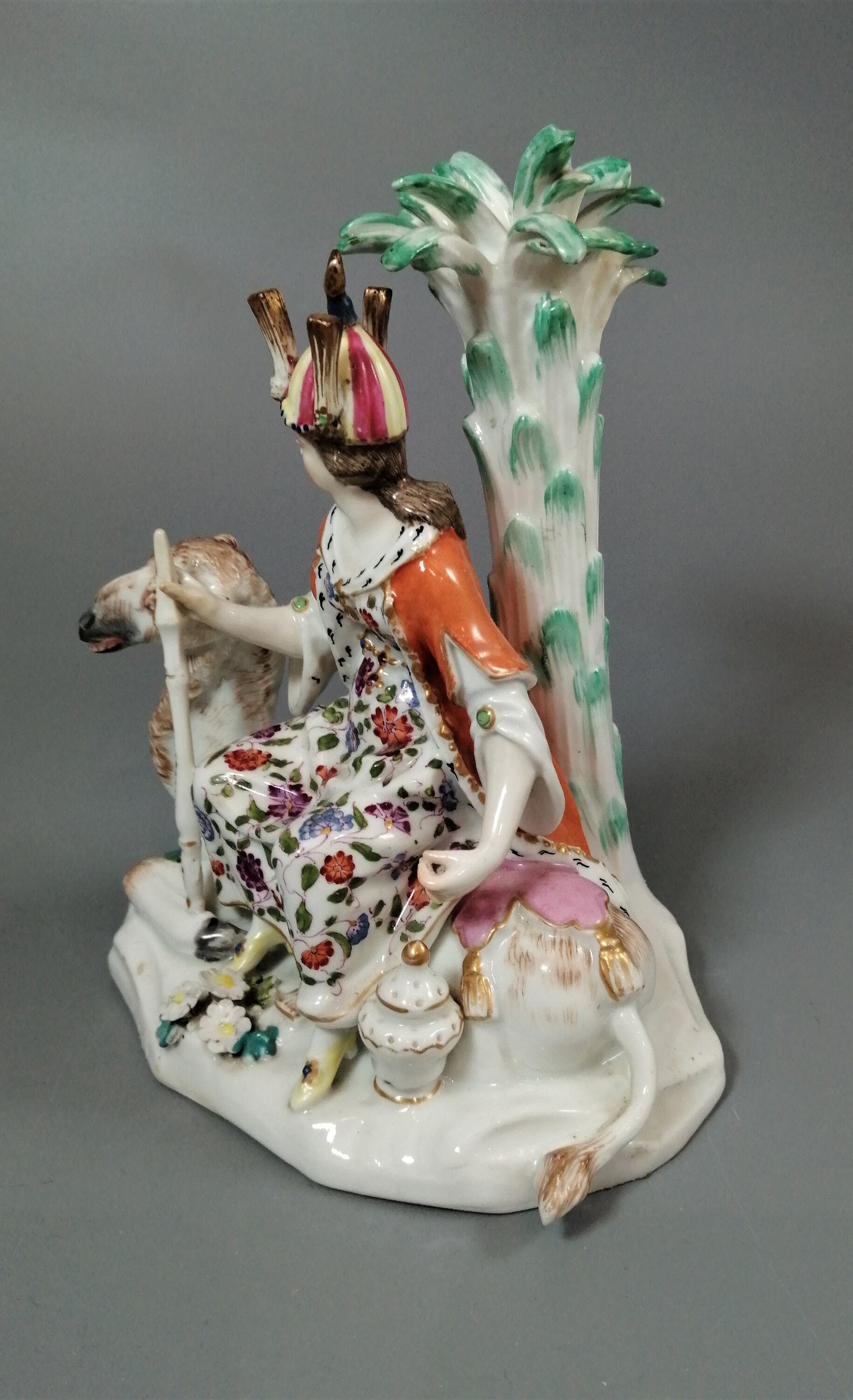 Chelsea Porcelain Figurine: Woman on Camel, Antique Allegorical Figure