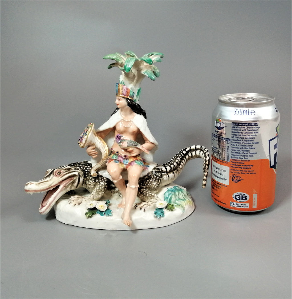 Antique Chelsea Porcelain Figurine: Woman on Alligator, c. 1745