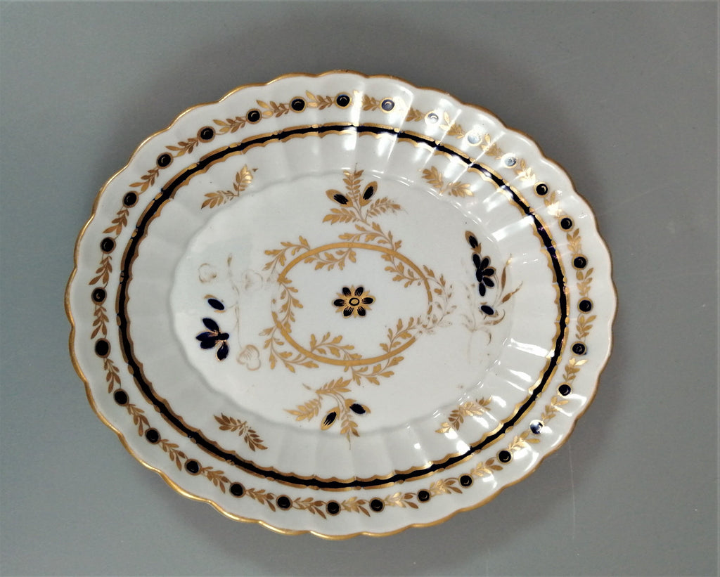 Flight & Barr Worcester barrel-shaped teapot and stand, gold and blue floral design, incised 'M' mark, antique English porcelain, c. 1792