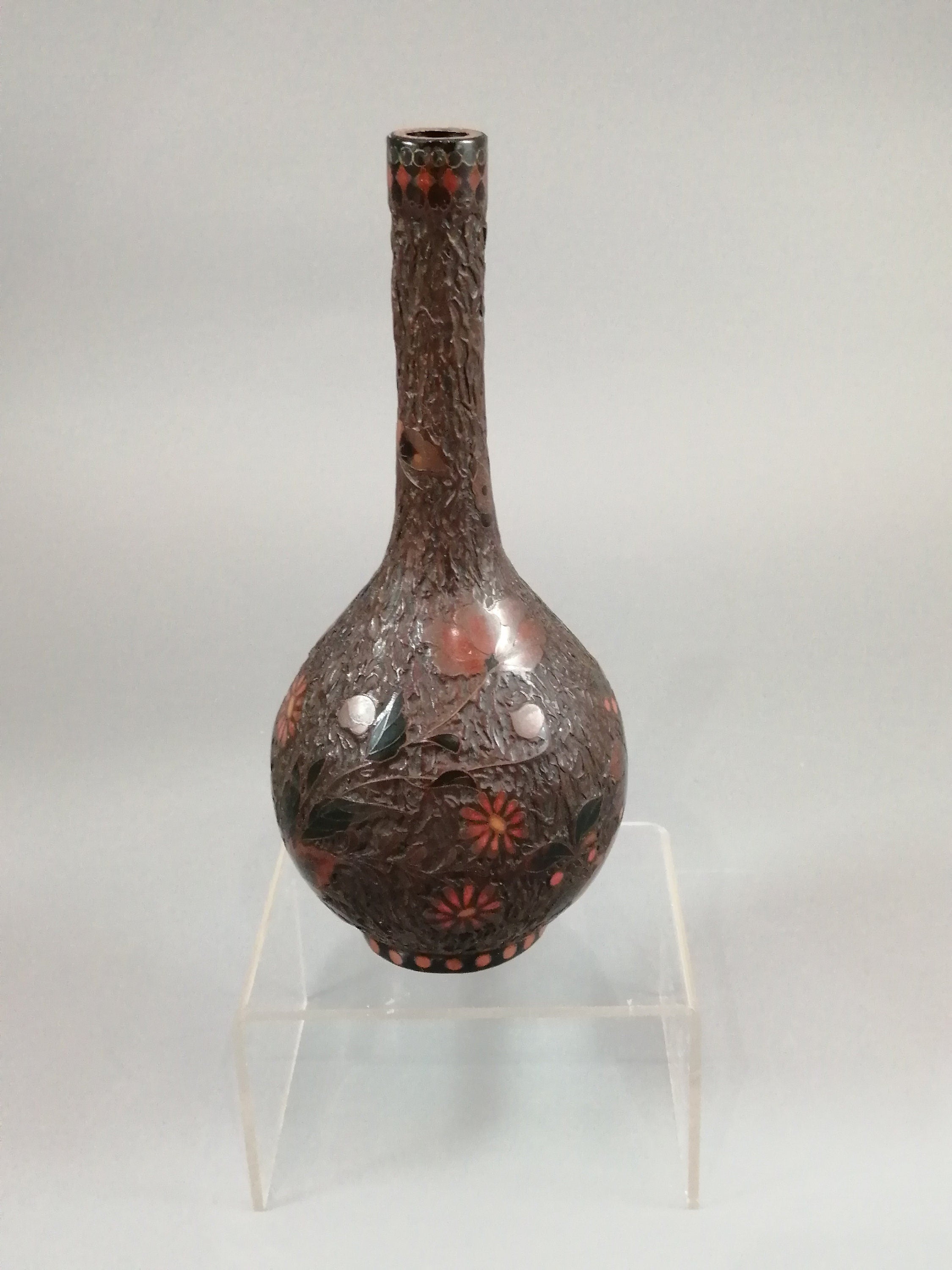 Meiji Japanese Totai-Shippo Vase: Cloisonné Butterflies, Tree Bark Glaze