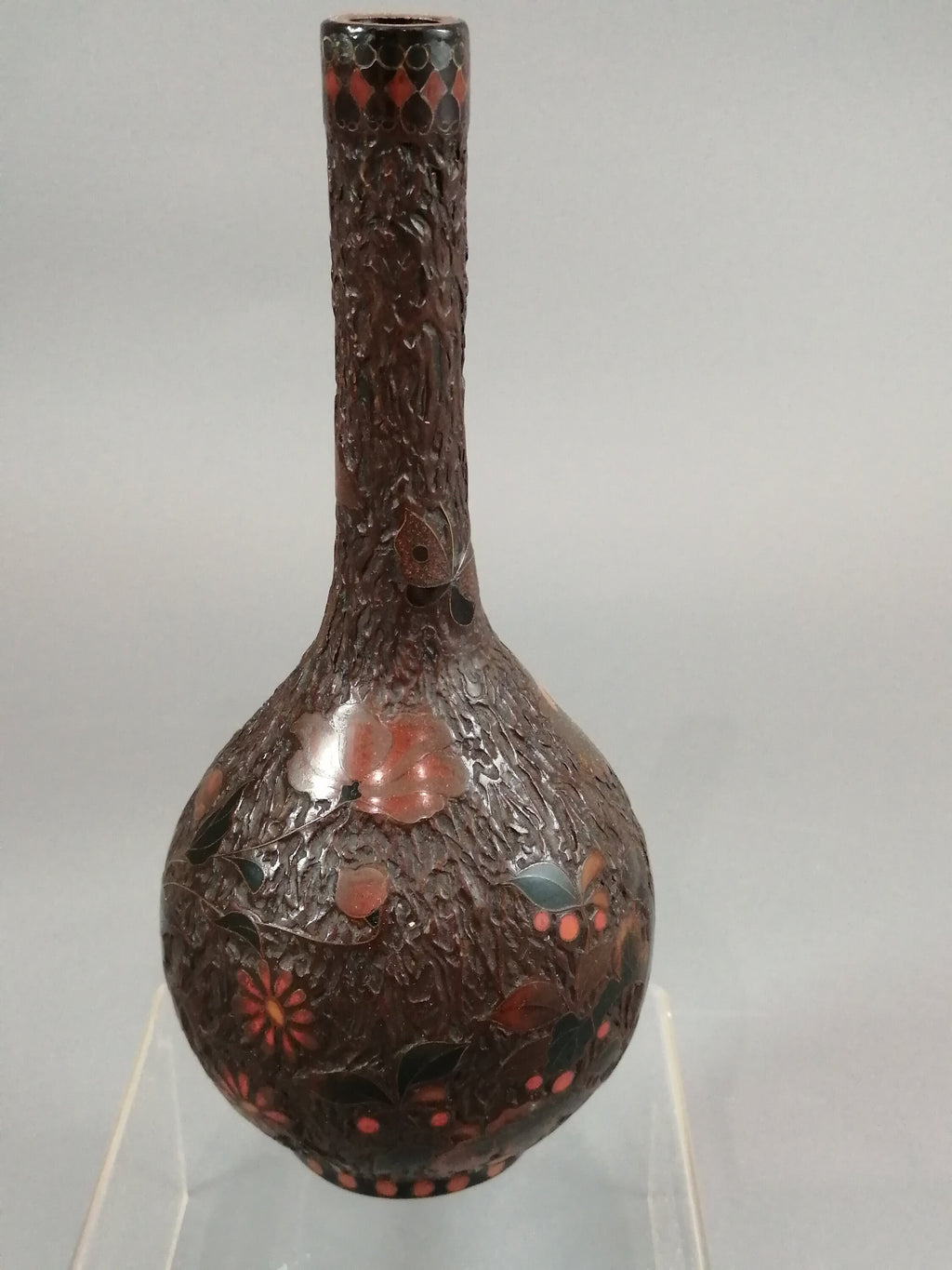 Meiji Japanese Totai-Shippo Vase: Cloisonné Butterflies, Tree Bark Glaze