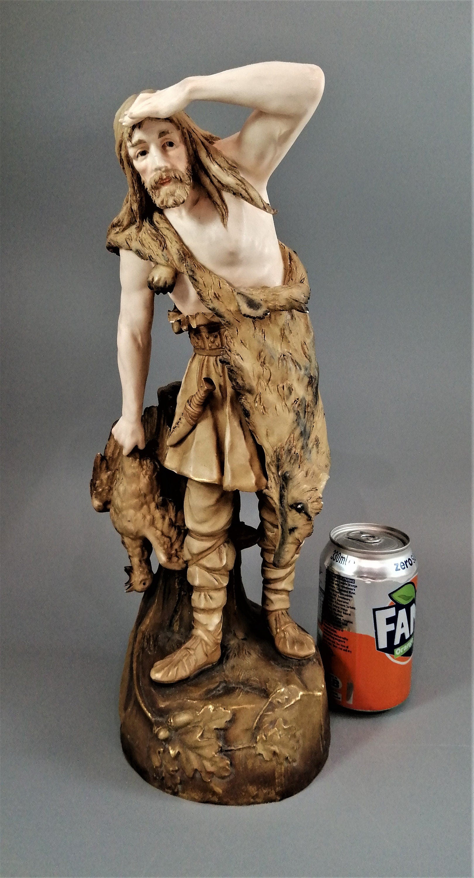 Rare Ernst Wahliss Porcelain Sculpture: Art Nouveau Hunter in Wolfskin