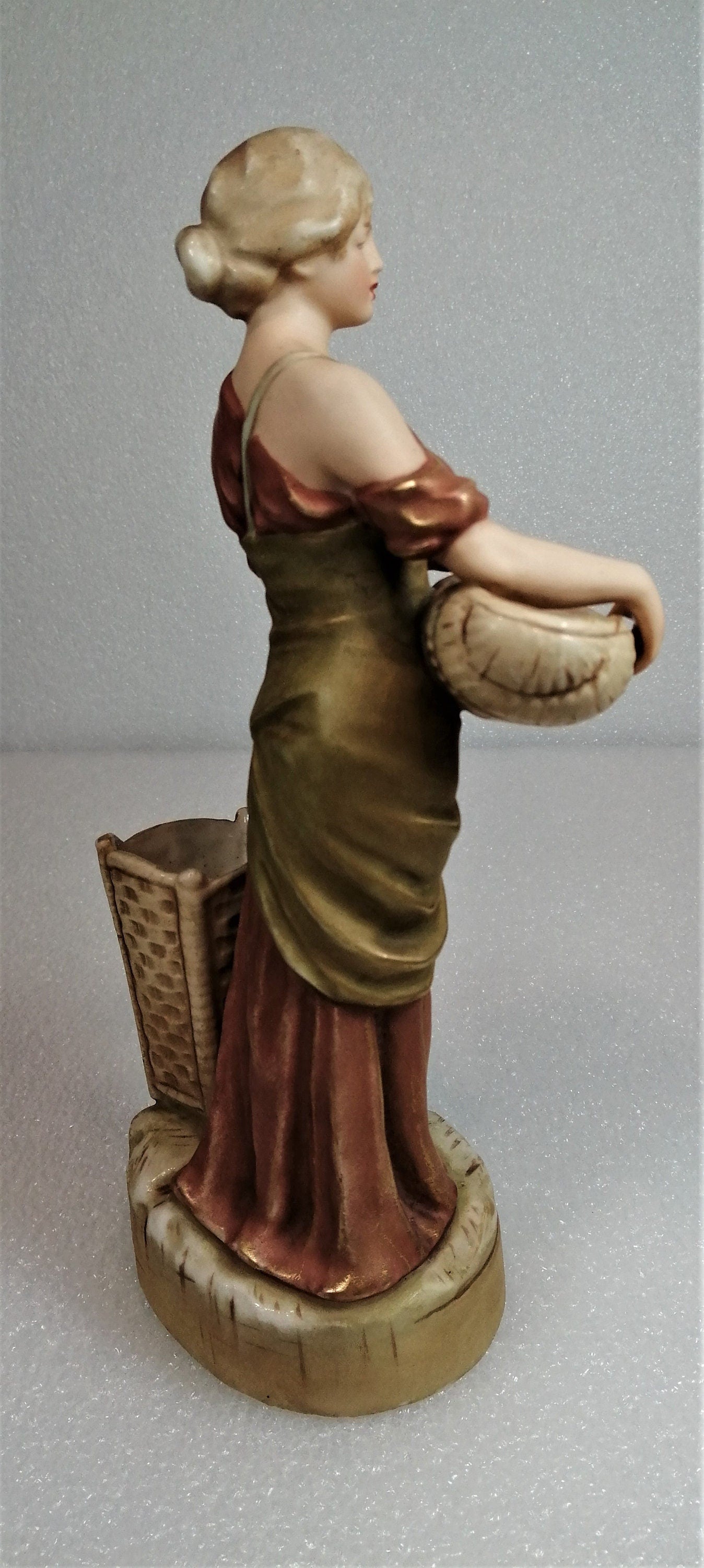 Antique Royal Dux Figurine Of A Woman With Wicker Baskets