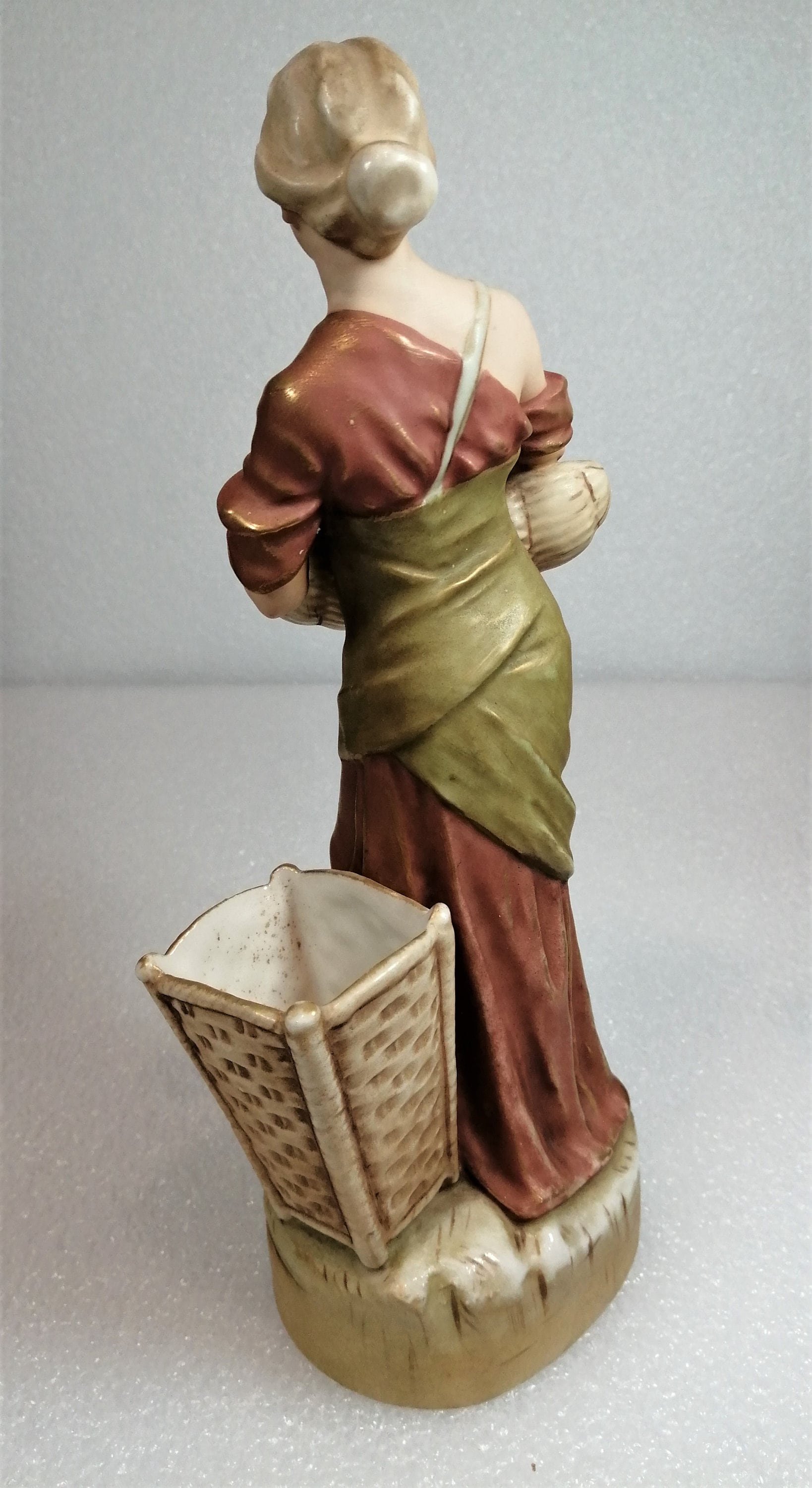 Antique Royal Dux Figurine Of A Woman With Wicker Baskets