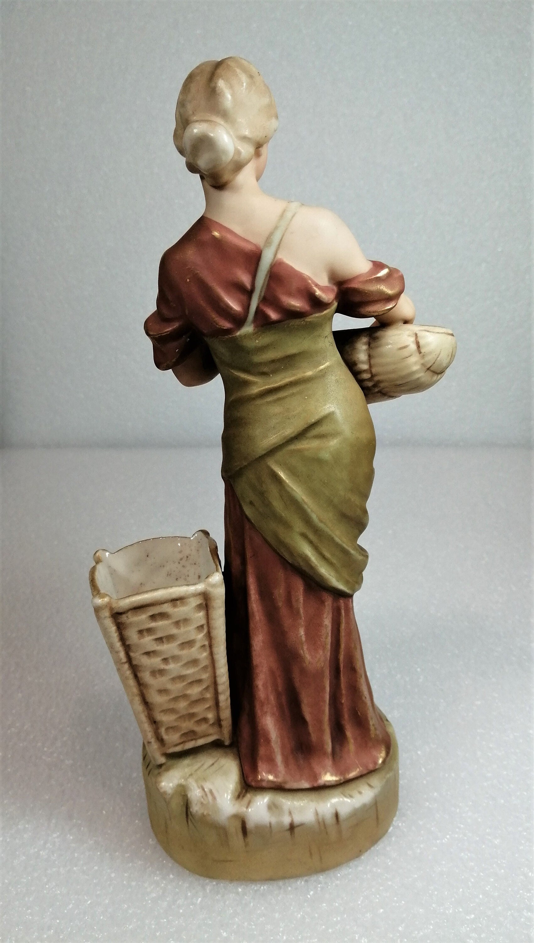 Antique Royal Dux Figurine Of A Woman With Wicker Baskets
